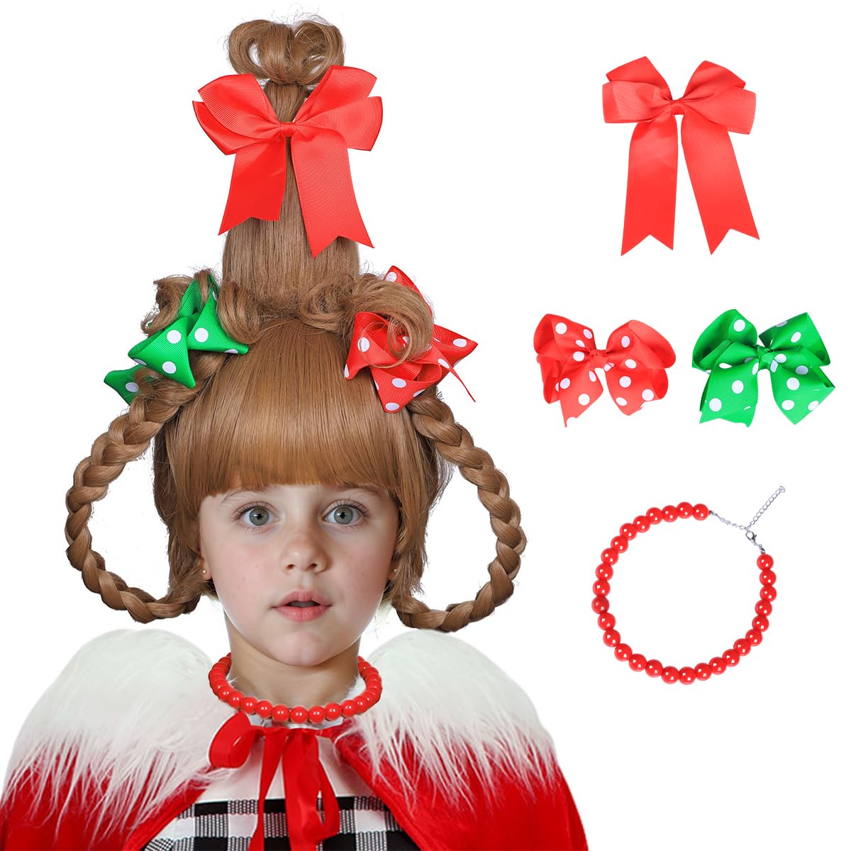 Brown Braided Kids Costume Wig with Red & Green Polka Dot Bows & Beaded Necklace - Perfect for Christmas Parties, Halloween Dress Up, Cosplay & School Plays