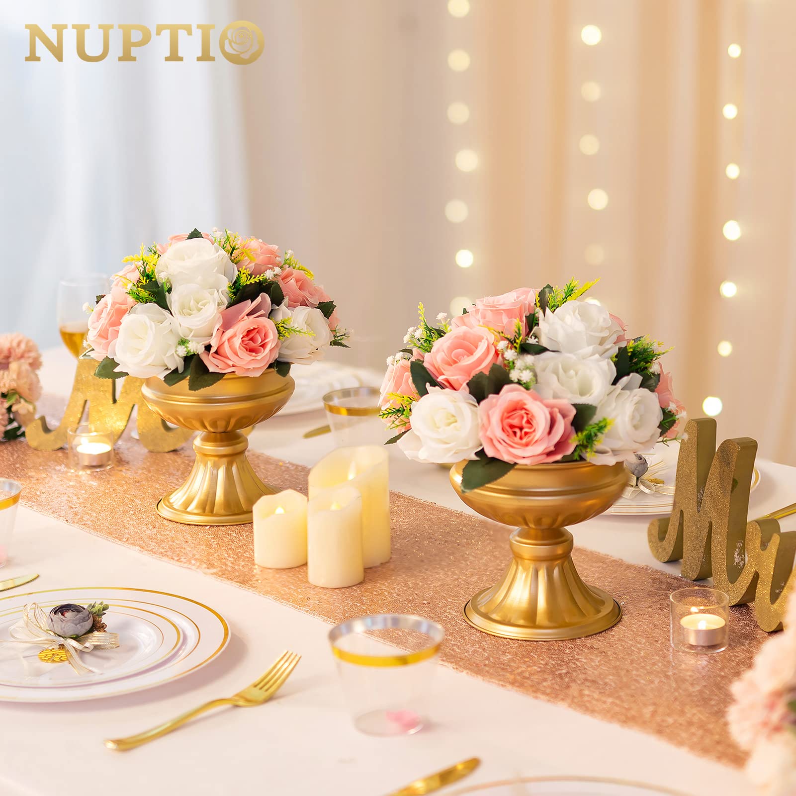 Elegant Gold Metal Urn Vases for Wedding Centerpieces - Set of 10, 6.5 Inch Tall Trumpet Vases for Table Decorations, Party & Home Decor - Perfect for Wedding Receptions, Anniversary Celebrations and Special Events