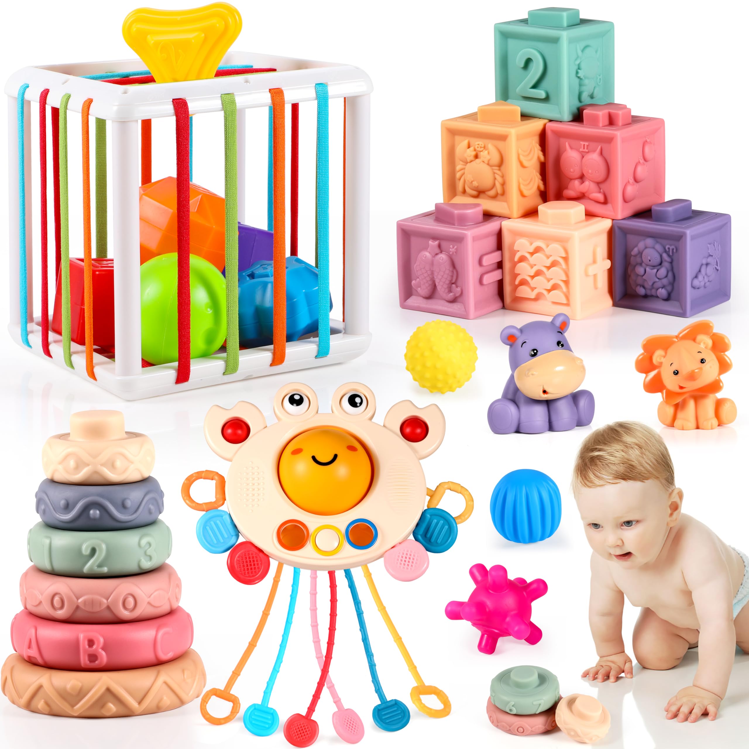 Montessori Toys for Babies 6-12 Months | 6-in-1 Educational Baby Toys Set with Sensory Bin, Pull String & Stacking Blocks | Developmental Learning Toys for 6-18 Month Olds | Perfect Gift for 1-2 Year Old Toddlers | Great for Sensory Play, Motor Skills & Early Learning at Home