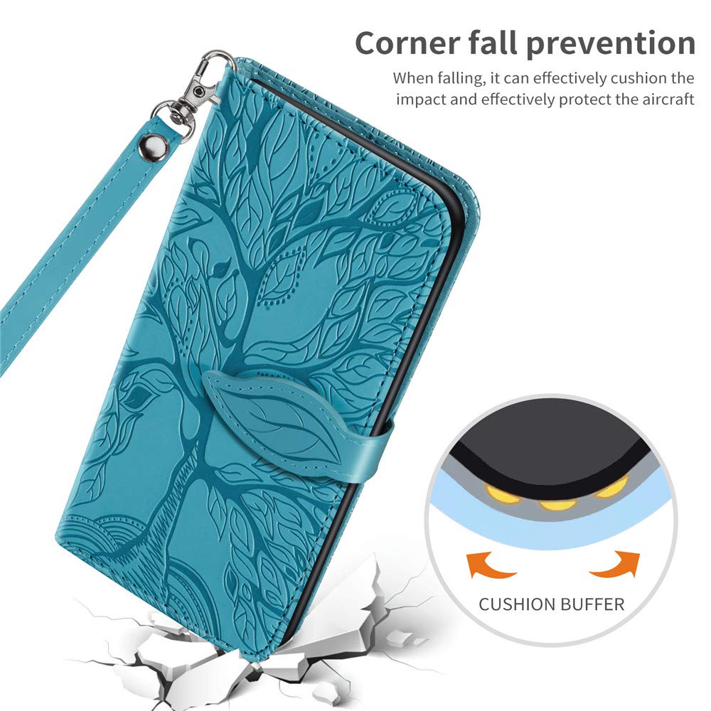 Premium PU Leather iPhone 12 Mini Wallet Case with Card Holder, Kickstand & Wrist Strap - Magnetic Closure Shockproof Flip Cover for iPhone 12 Mini (5.4 Inch) - Life Tree Blue RX - Perfect for Daily Use, Travel & Hands-Free Viewing