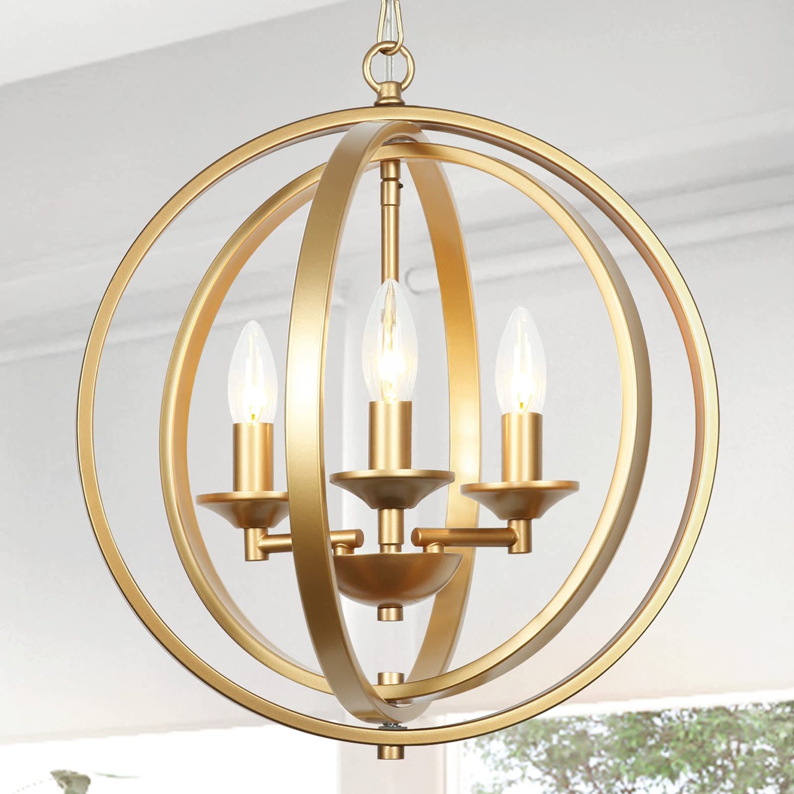 T&A Gold Orb 3-Light Chandelier - Modern Adjustable Globe Pendant Light Fixture with Orbit Rings for Dining Room, Bedroom, Foyer & Living Room | Elegant Ceiling Lighting for Home Decor & Interior Design