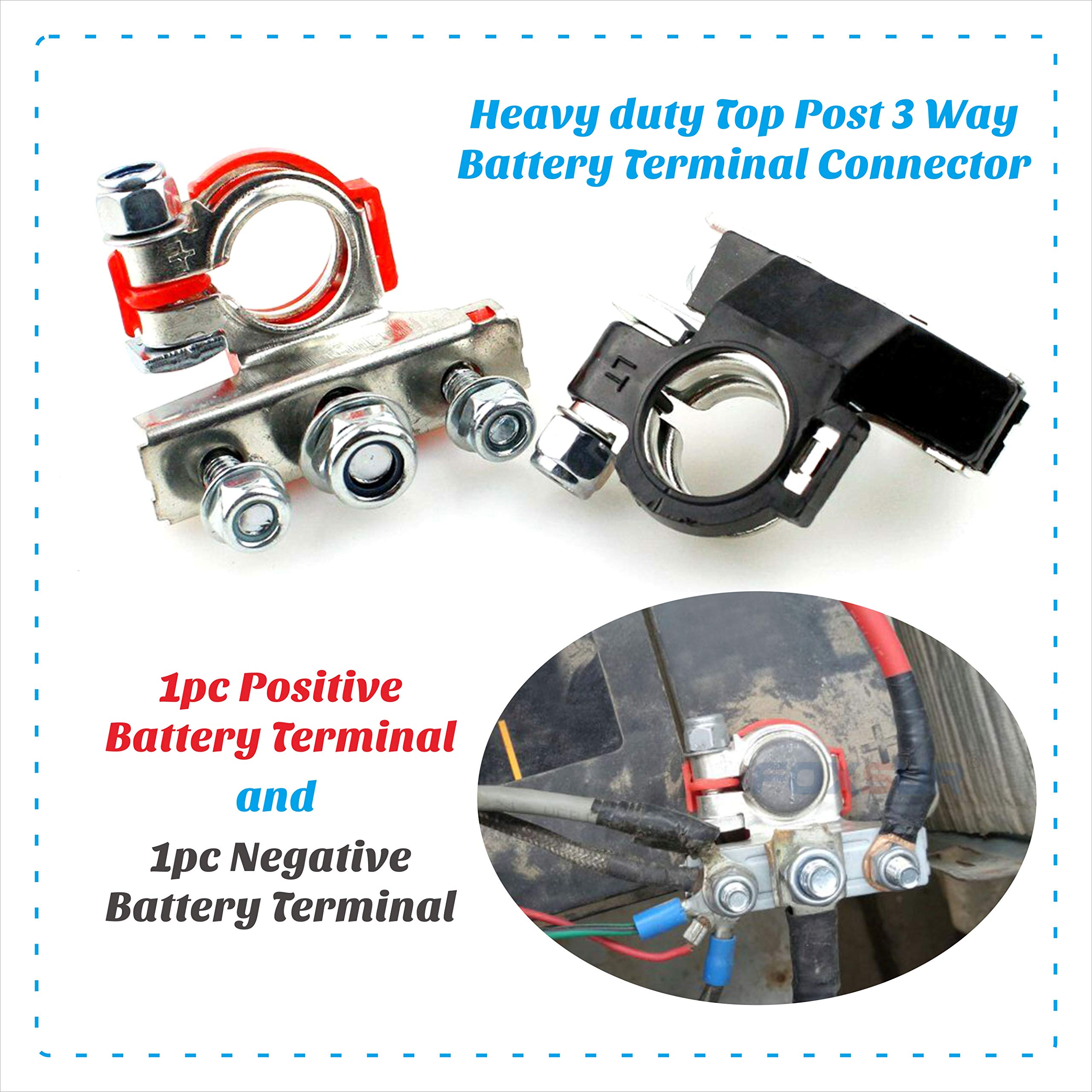 Heavy Duty 3-Way Top Post Battery Terminal Connector - 1pc Negative + 1pc Positive for Car, Truck, Boat & RV Battery Maintenance & Upgrades