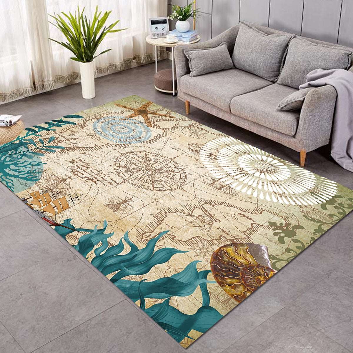 Premium Nautical Chart Area Rug - Non-Slip Living Room Rug with Vintage Map Design - Perfect for Coastal Decor, Beach House, and Nautical Themed Bedrooms