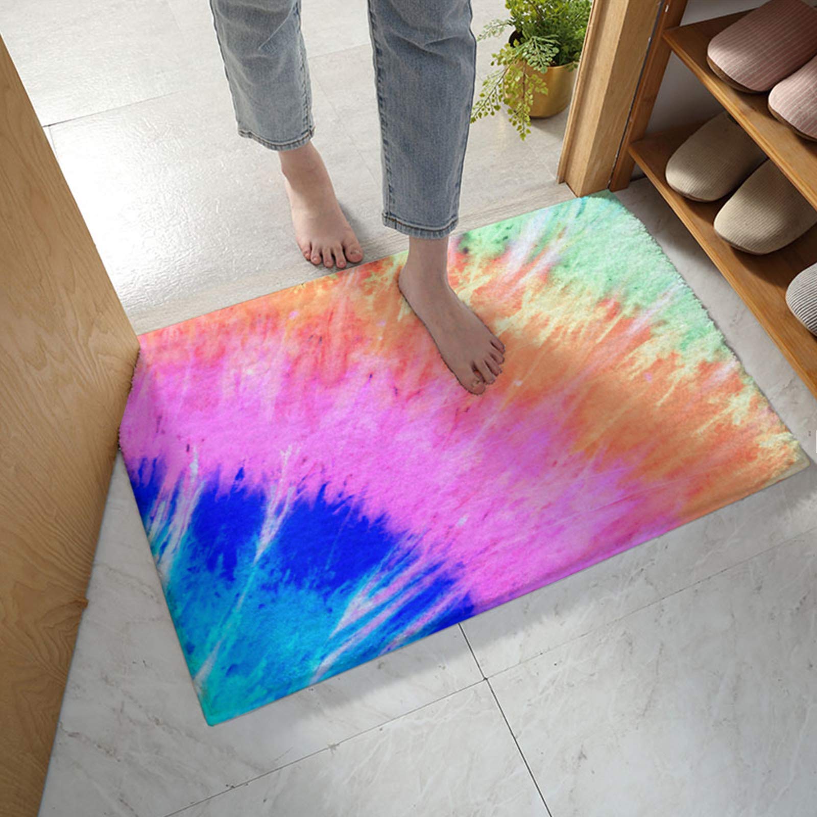 Non-Slip Fluffy Shaggy Doormat & Bath Rug - Soft Plush Absorbent Floor Mat in Blue, Pink, Orange Ethnic Tie Dye Design - Modern Abstract Carpet for Bathroom, Bedroom, Kitchen & Indoor Entrance - Perfect for Cozy Home Decor & High-Traffic Areas