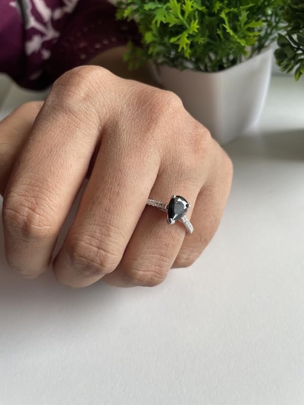 Pear Cut Black & White Diamond Engagement Ring - 14k White Gold Pear Shape Solitaire with Accent Bridal Ring | Elegant Black Diamond Wedding Jewelry for Proposals, Anniversaries & Special Occasions