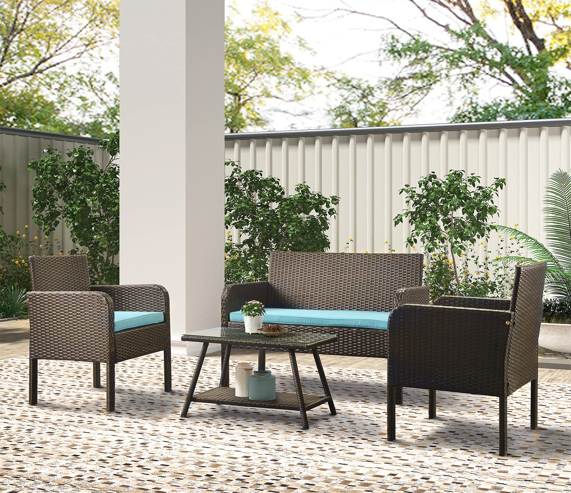 4-Piece Outdoor Patio Furniture Set - Rattan Wicker Chairs for Backyard, Porch, Garden, Poolside & Balcony - Indoor/Outdoor Use - Blue - Perfect for Relaxing, Entertaining & Outdoor Dining