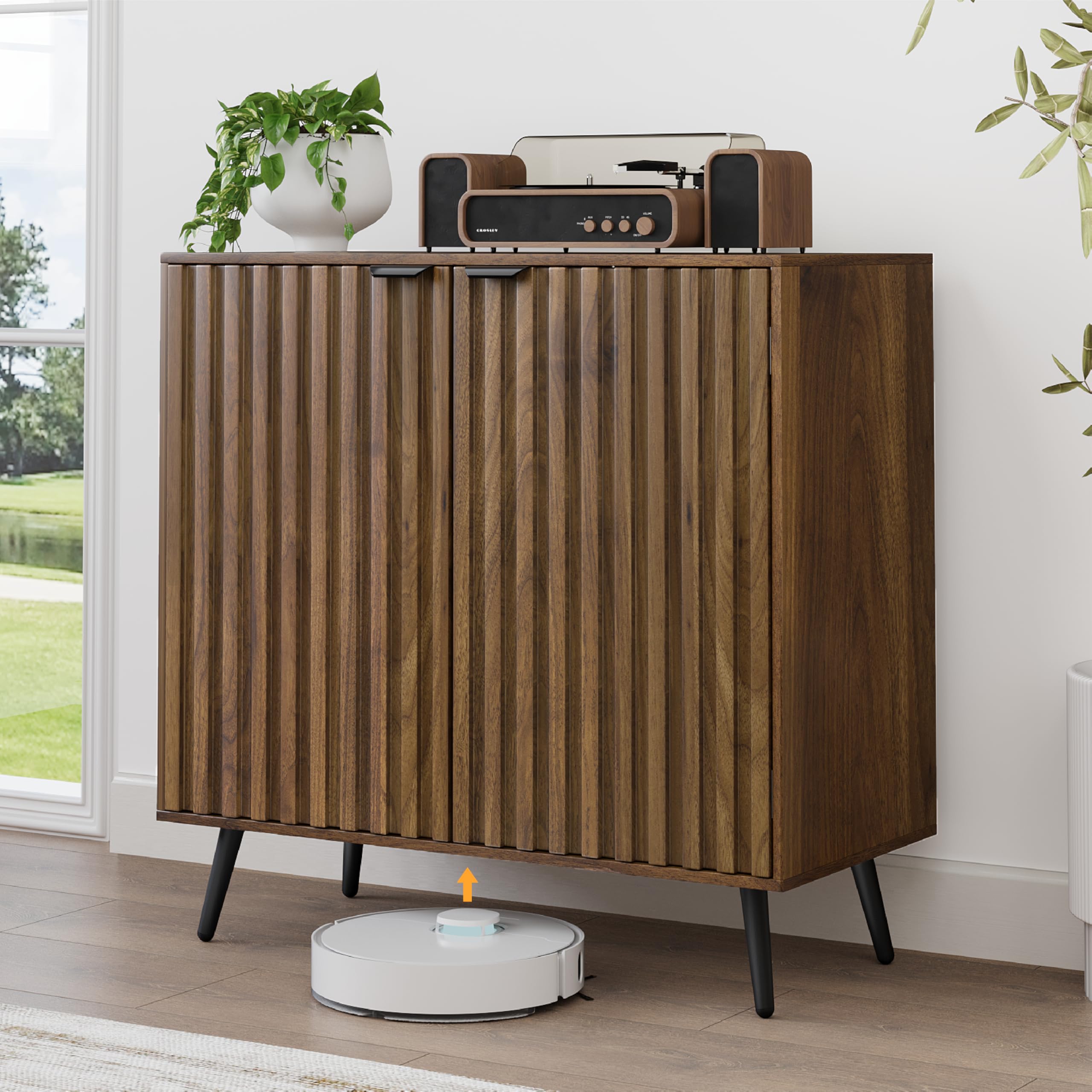 Smuxee Fluted Sideboard Cabinet - Freestanding Walnut Buffet with Adjustable Shelf | Wood Storage Cabinet for Living Room, Entryway, Hallway | Perfect for Dining Room Storage & Home Organization