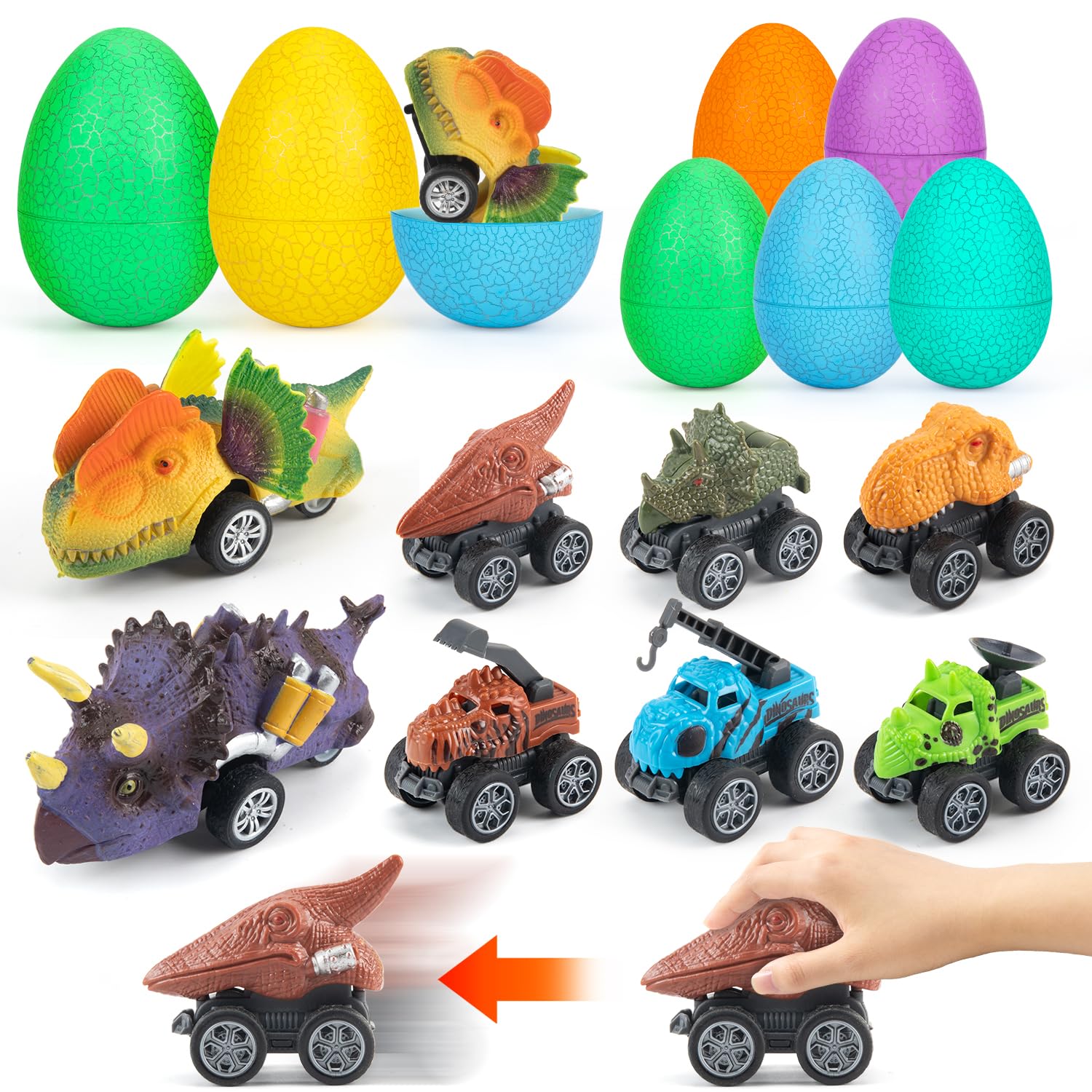 8 Pack Prefilled Easter Eggs with Dinosaur Pull Back Cars - Easter Basket Stuffers for Kids, Boys, Teens & Toddlers - Fun Easter Party Favors & Egg Hunt Prizes for Boys Birthday Gifts