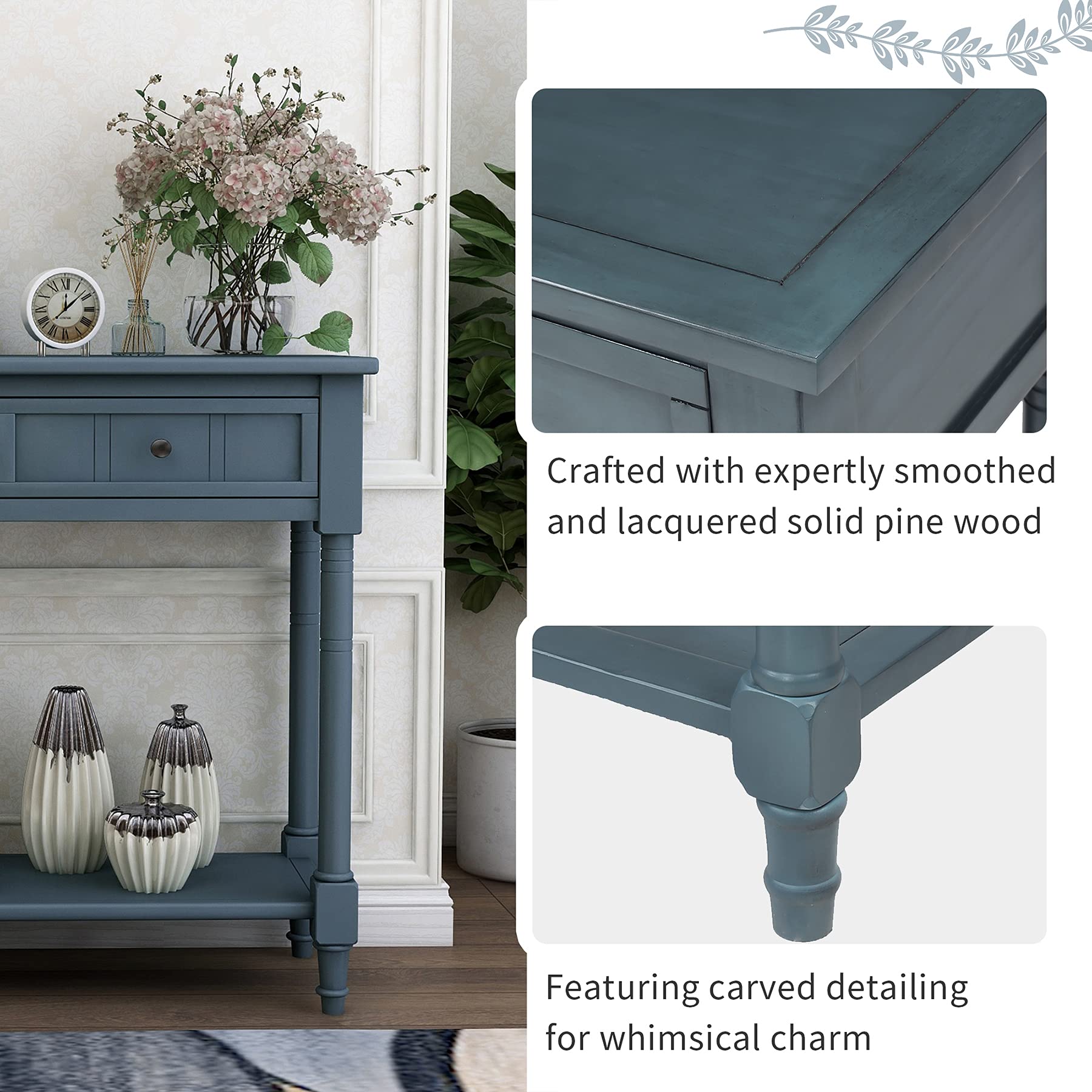 P PURLOVE Navy Wooden Console Table with 2 Drawers & Bottom Shelf - Entryway Sofa Table, Hallway Sideboard, Bedroom Storage Furniture for Home Decor