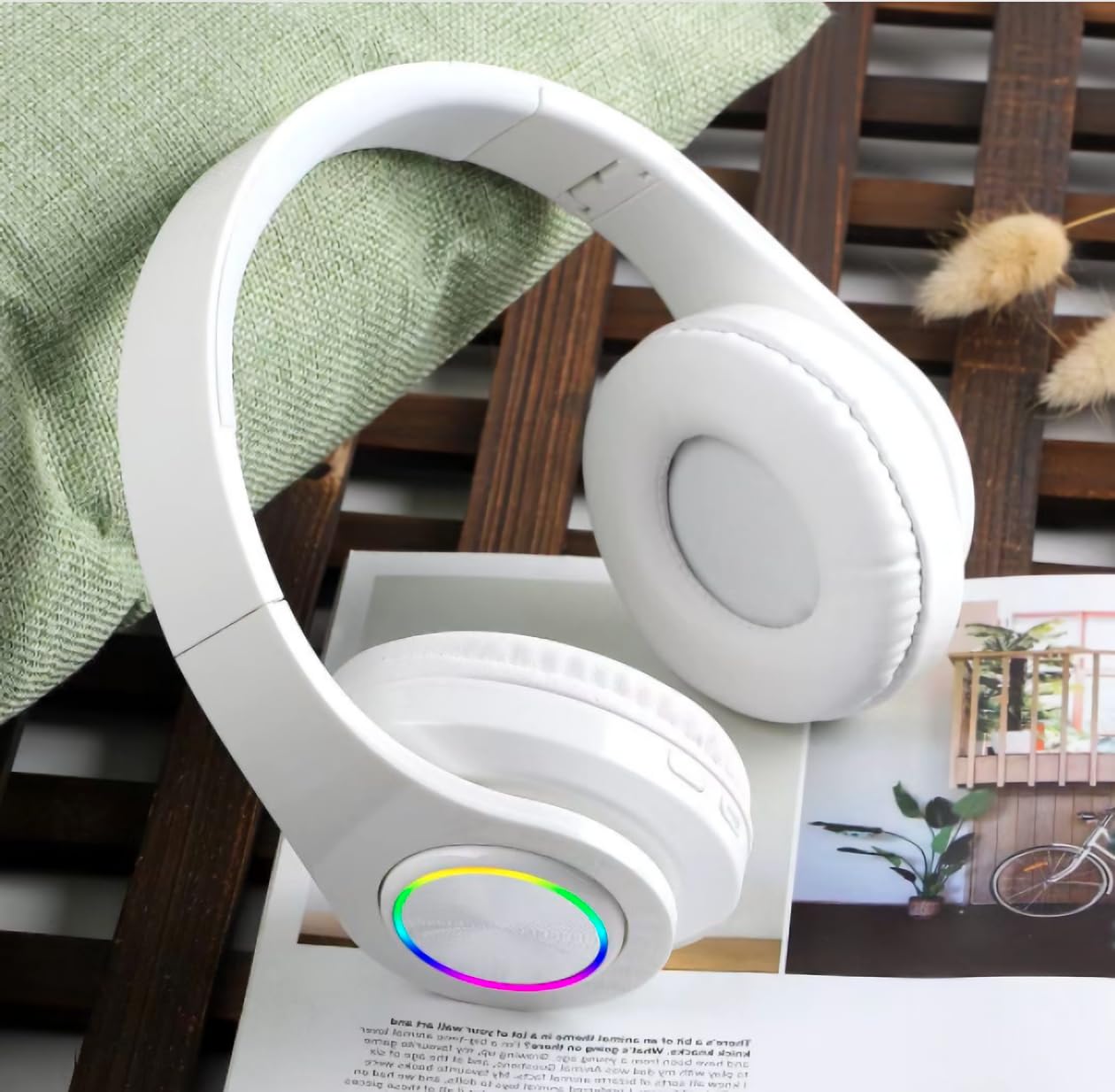 Wireless Bluetooth Headphones with Colorful LED Lights, 30H Playtime, Foldable Design, Bluetooth 5.0, 10m Range, Stereo Sound, Built-in Mic - Perfect for Gym, Running, Travel & Work (White)