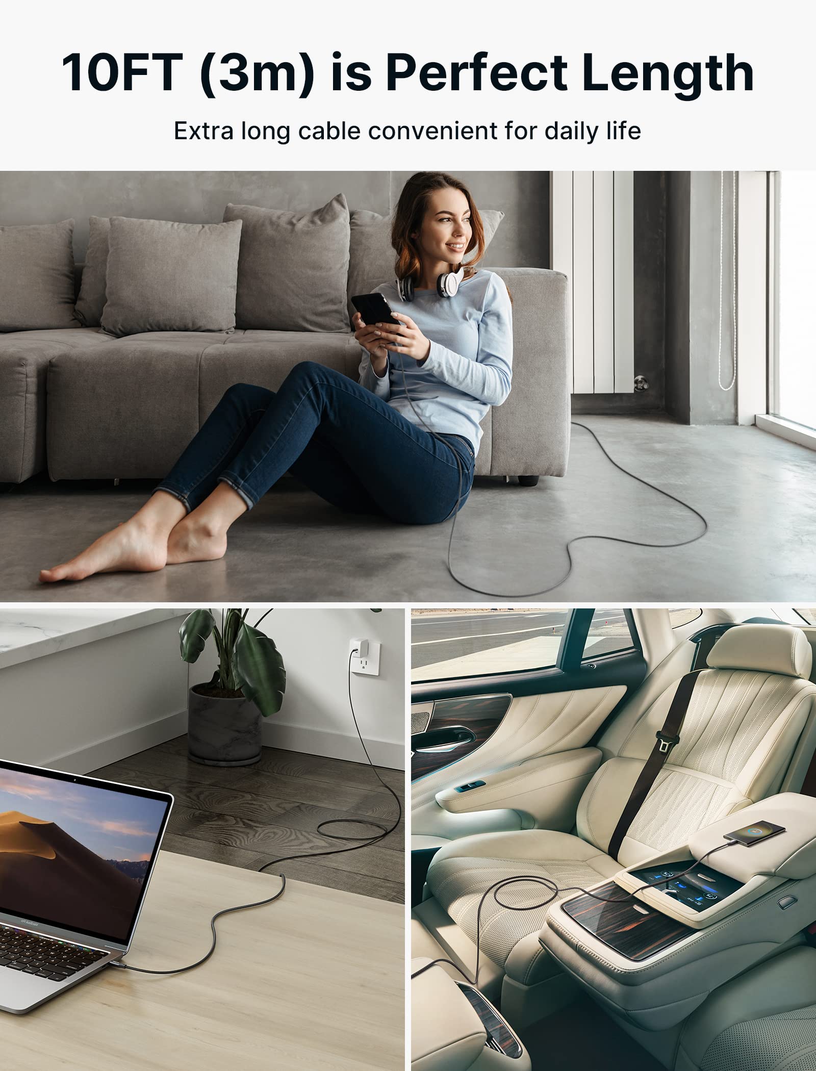 JSAUX 100W USB C to USB C Fast Charging Cable 3M (10ft) - PD Compatible with MacBook Pro/Air, iPad Pro/Air/Mini, Samsung Galaxy S23/S22/S21/S20 Ultra, Google Pixel - Grey | Perfect for Home, Office & Travel Charging