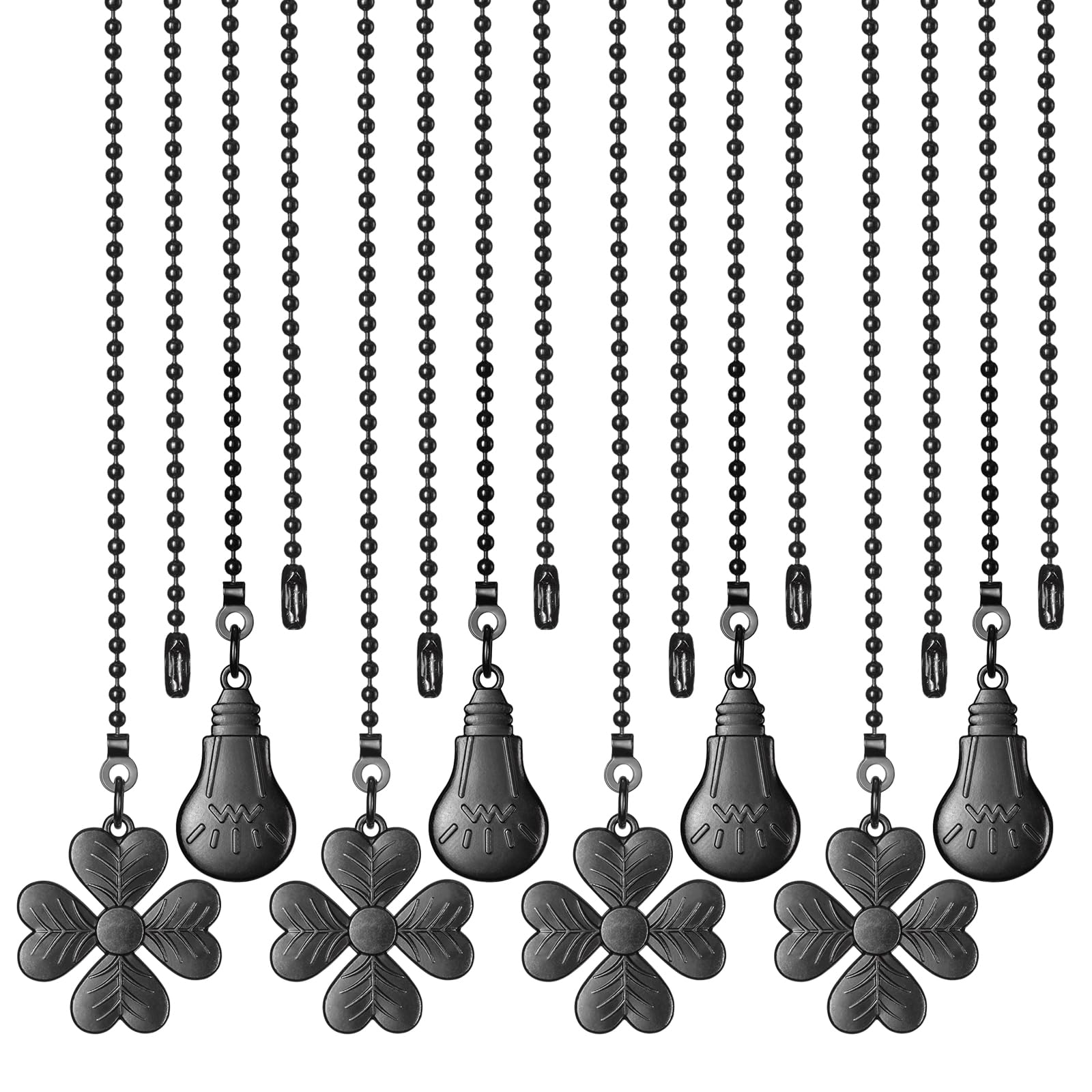 2 Pack Black Ceiling Fan Pull Chain Set - 12 Inch 3mm Diameter Beaded Ball Connector with Light Bulb & Fan Patterns - Perfect for Bedroom, Living Room, Office & Indoor Ceiling Fan Light Control (4 Sets)