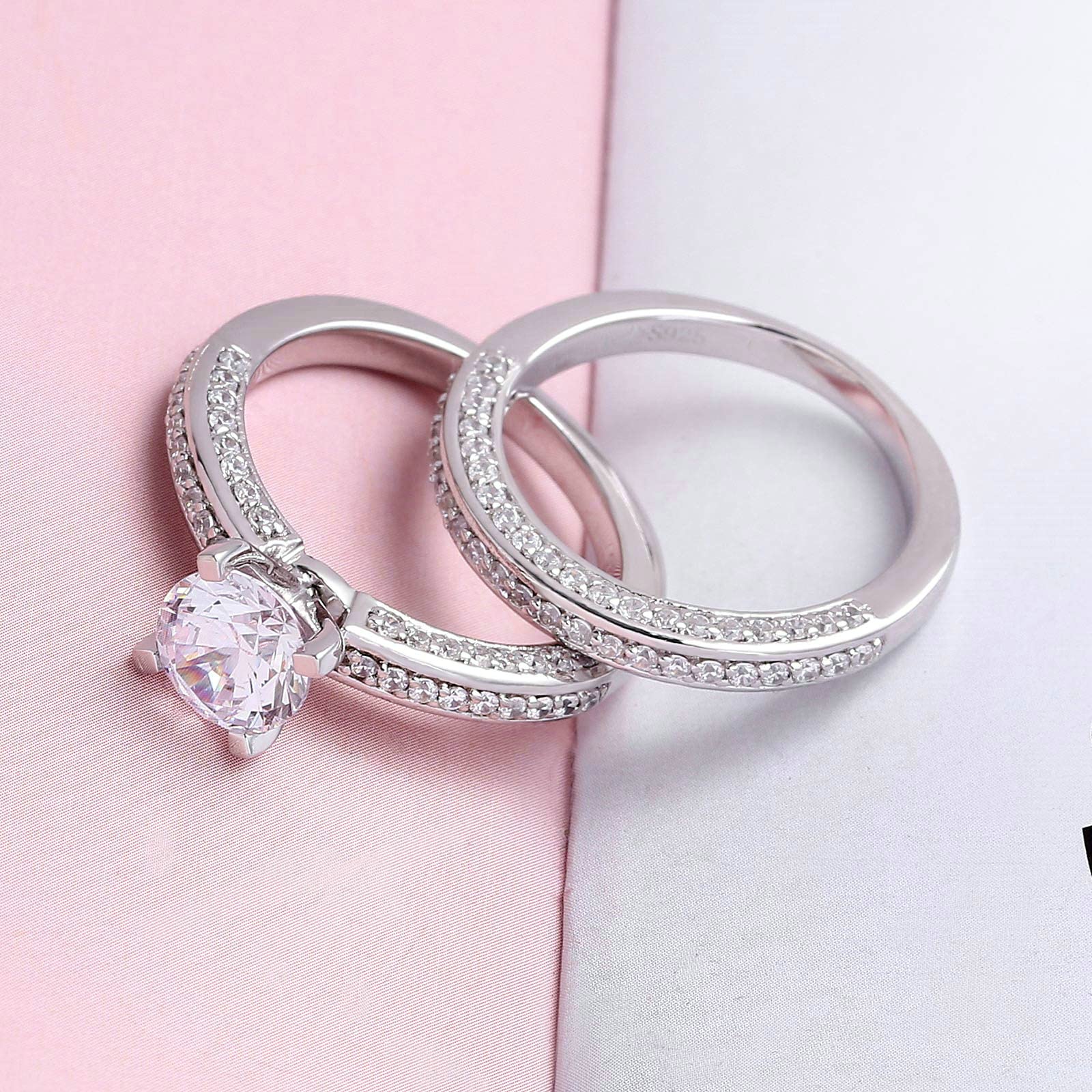 Gualiy Sterling Silver Band Rings for Women - Wedding & Marriage Rings Set with Round Cubic Zirconia (2Pcs, Size 4-11) | Perfect for Engagement, Anniversary & Everyday Wear