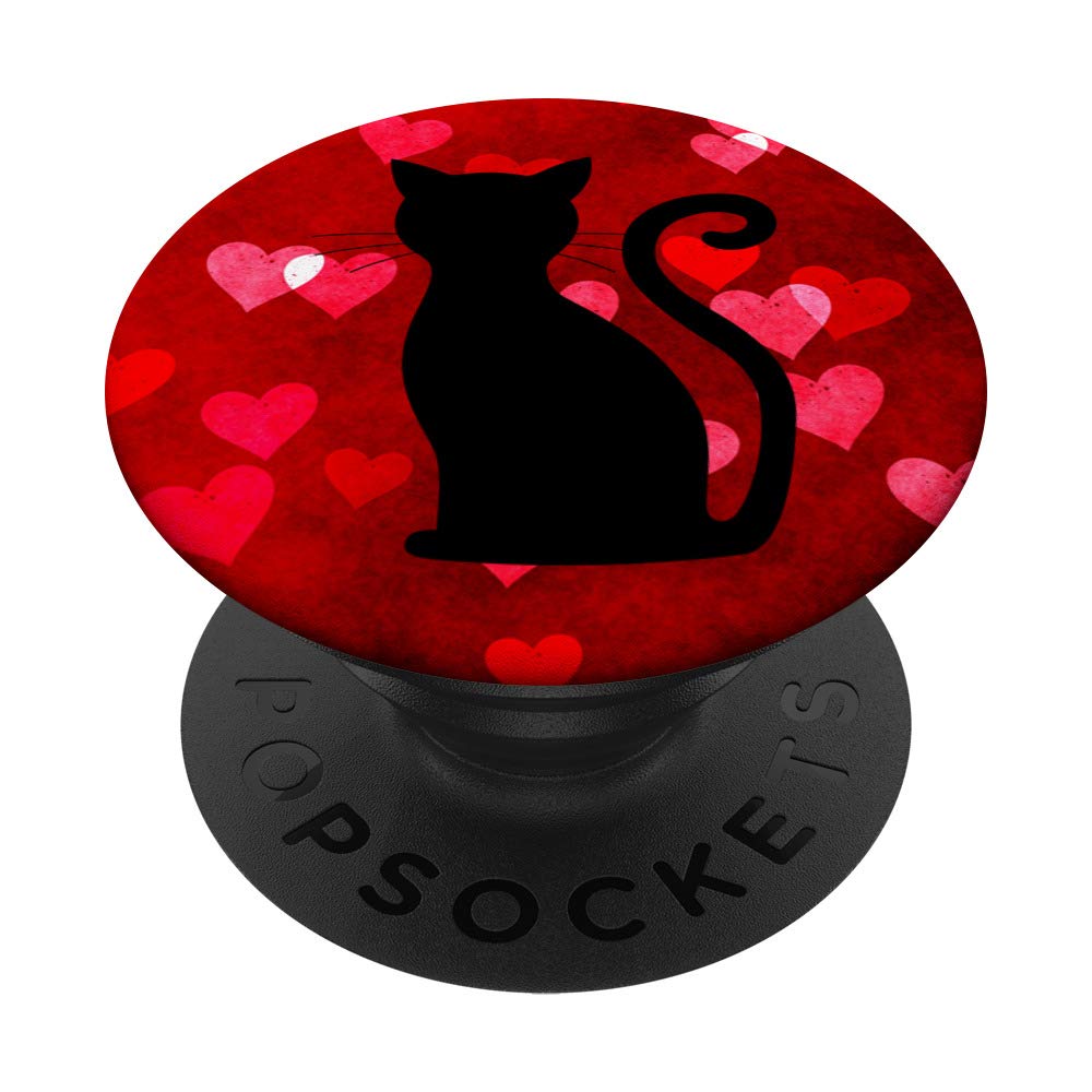 Cat Design Black Shape on Heart Red Pattern Love PopSocket PopGrip - Swappable Phone & Tablet Grip for Stylish Everyday Use