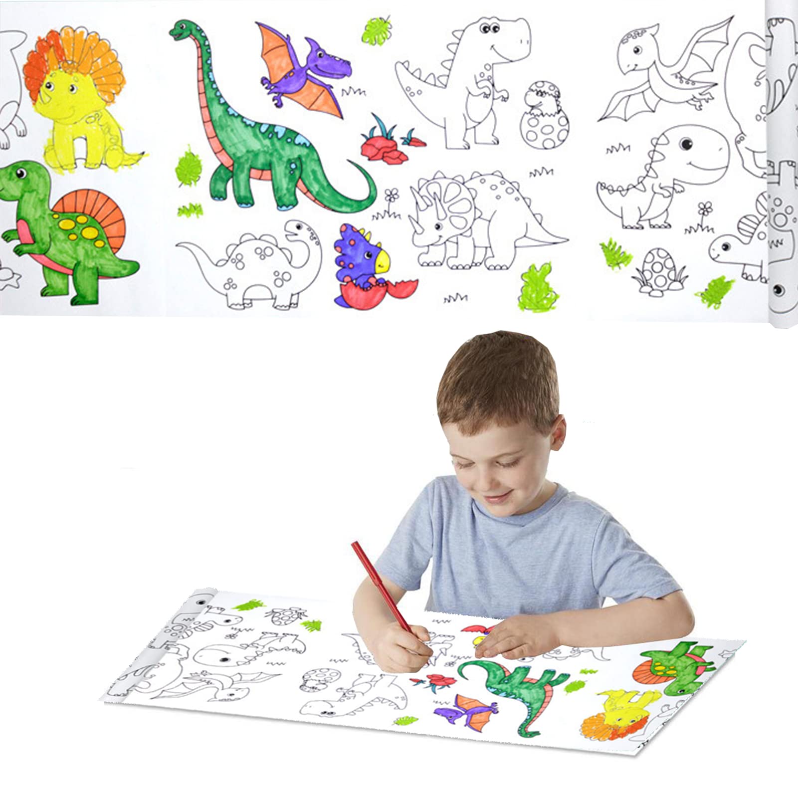Dinosaur Drawing Paper Roll for Kids - 11.8x118 Inch Reusable Art Paper with Patterns, Tracing & Coloring Pages - Perfect for DIY Crafts, Sticker Projects & Children's Painting Activities