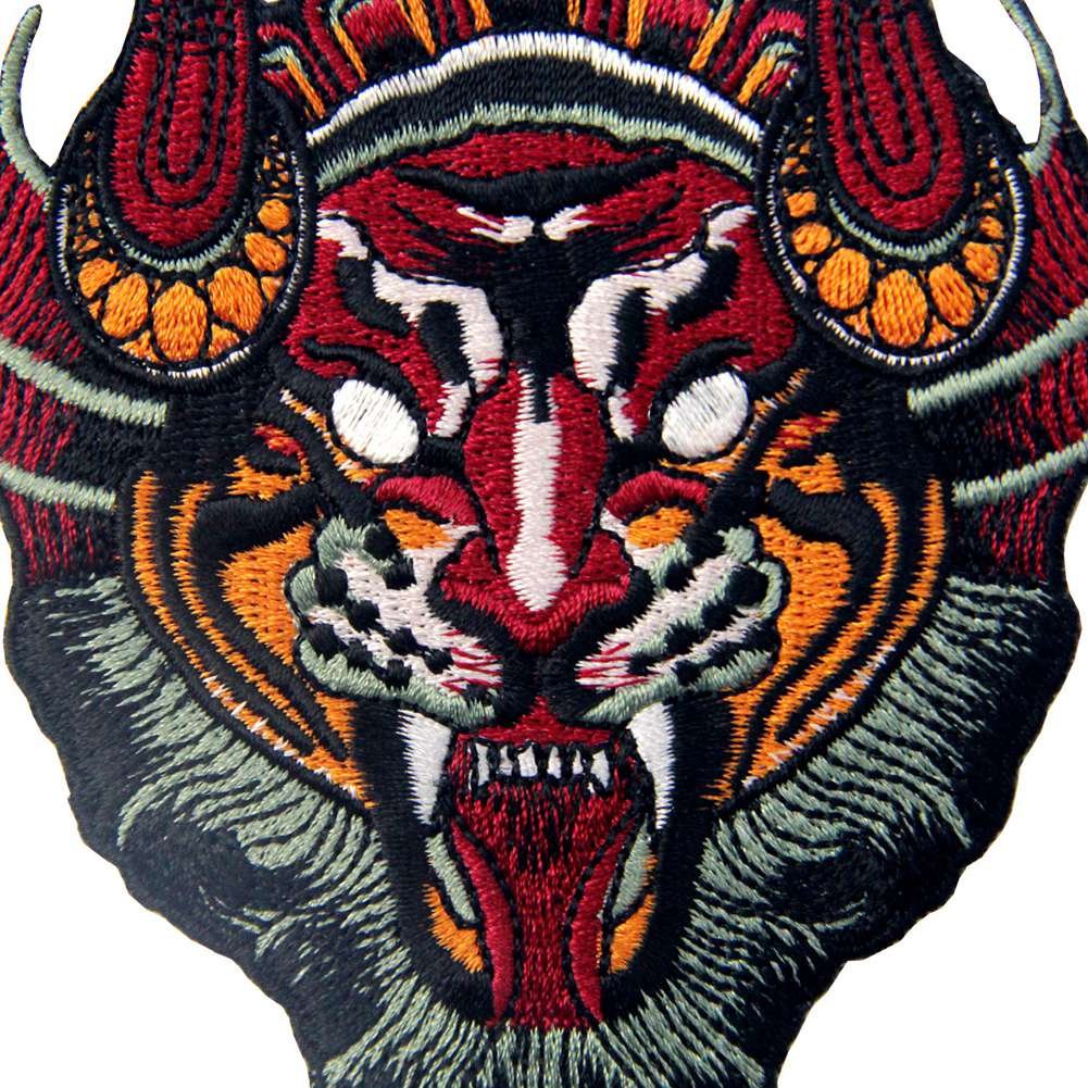 Chinese Monster Lion Mask Patch - Embroidered Iron On & Sew On Applique Emblem for Costumes, DIY Crafts, and Festival Decorations
