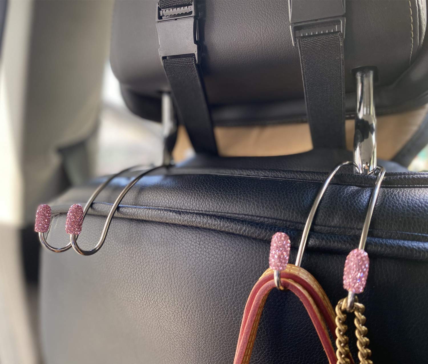 JOJOY LUX 2 Pack Car Seat Back Organizers with Bling Diamond Design - Universal Headrest Hooks & Hangers for Auto Backseat Storage - Heavy Duty Bag Organizer Rack (Light Purple) - Perfect for Road Trips, Family Travel & Daily Commute