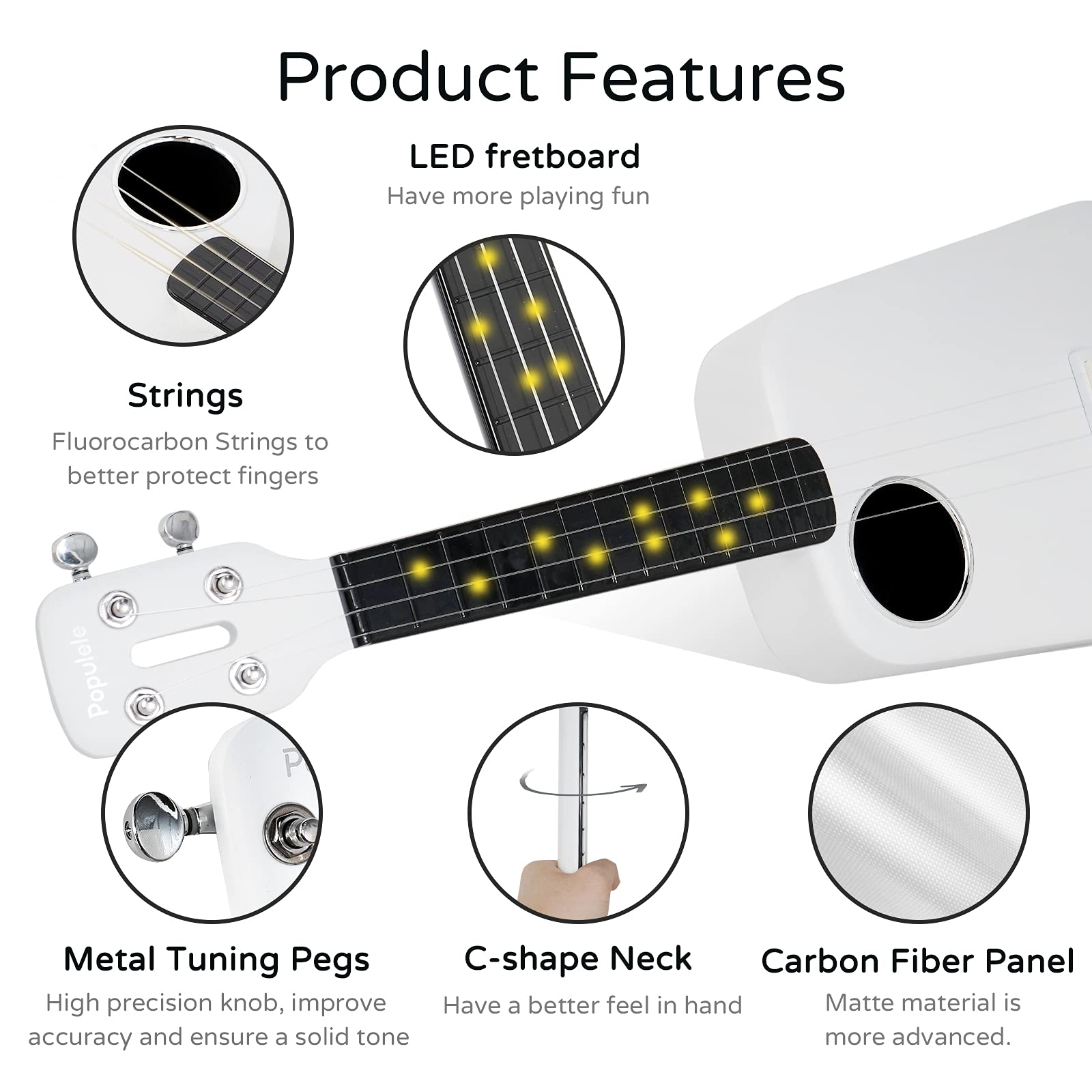 Populele 2 Smart Ukulele - Carbon Fiber Portable Electric Ukulele for Beginners & Professionals, Kids & Adults - Perfect for Travel, Camping & Home Practice
