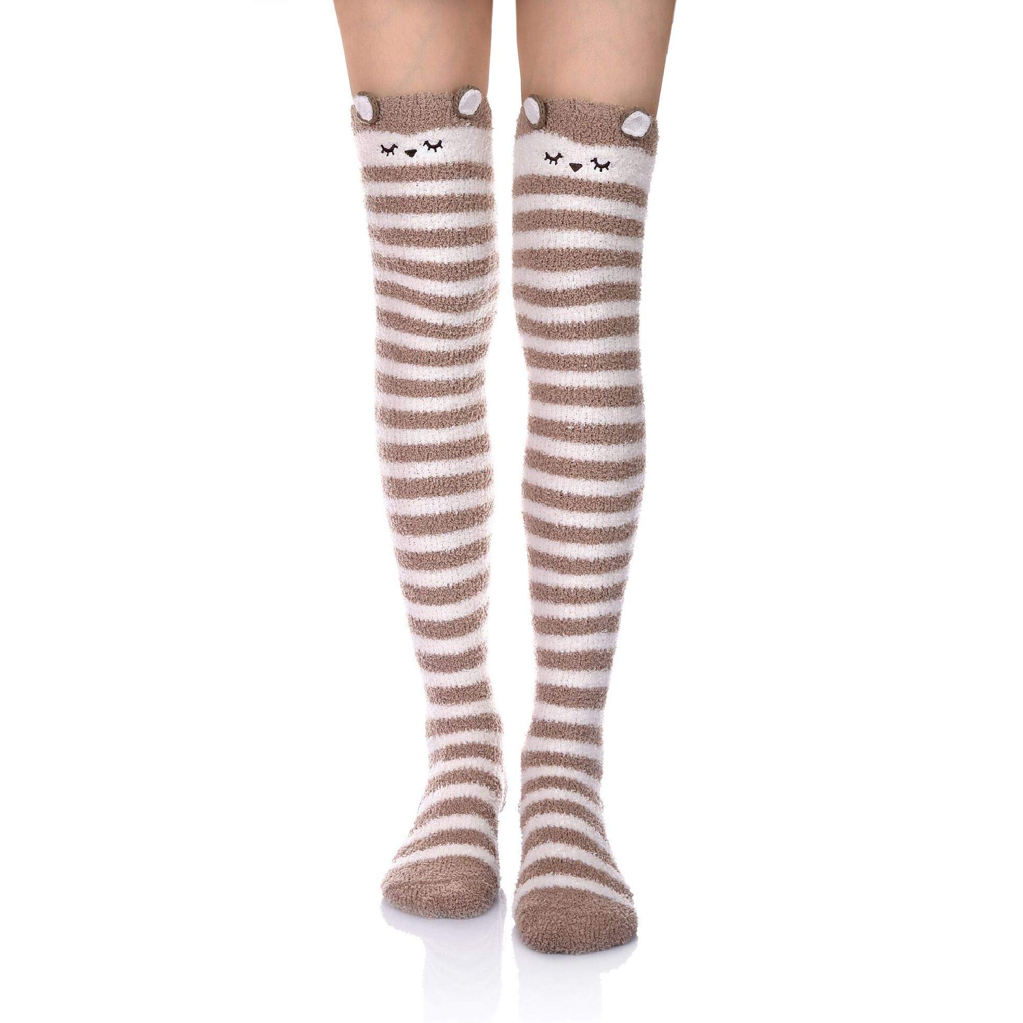 Wander G Women's Over Knee High Fuzzy Socks - Cute Cartoon Thigh High Stockings - Warm Striped Leg Warmers for Winter, Lounge & Home Comfort