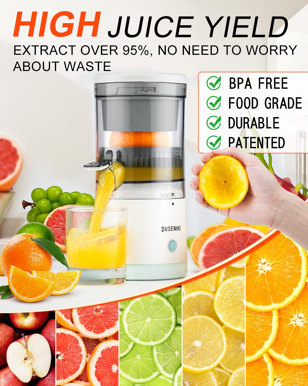 Rechargeable Electric Citrus Juicer - USB-Powered Portable Juicer Machine with Cleaning Brush for Oranges, Lemons & Limes | Perfect for Home, Kitchen, Camping & Travel