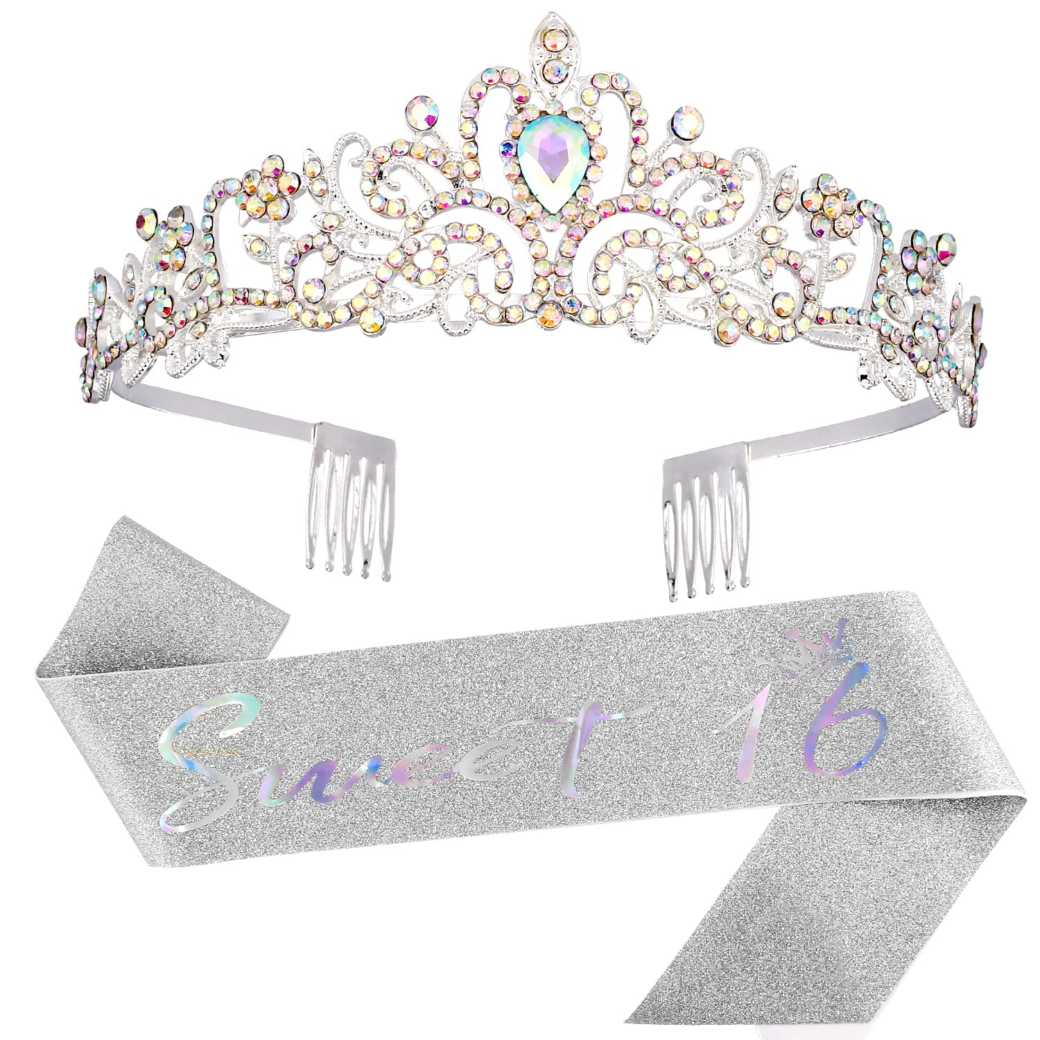 Sweet 16 Birthday Decorations Set - Silver Tiara & Sash for Girls | 16th Birthday Party Supplies, Women's Birthday Crown & Gifts | Perfect for Sweet Sixteen Celebrations, Quinceañeras & Special Milestone Parties