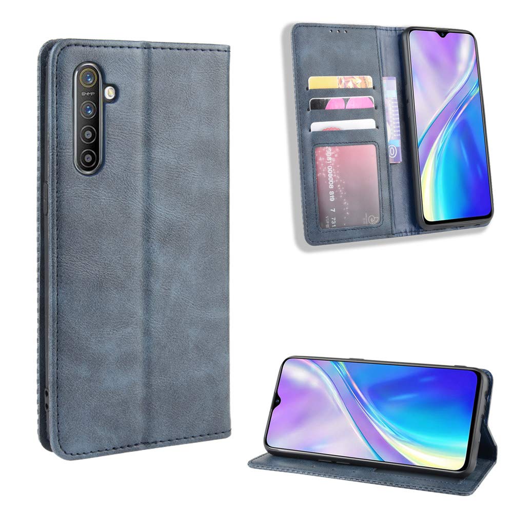 Premium PU Leather Flip Cover Case for Oppo Realme XT/RMX1921 - Slim Protective Phone Case with Card Slots (Blue) | Perfect for Work, Travel & Everyday Use