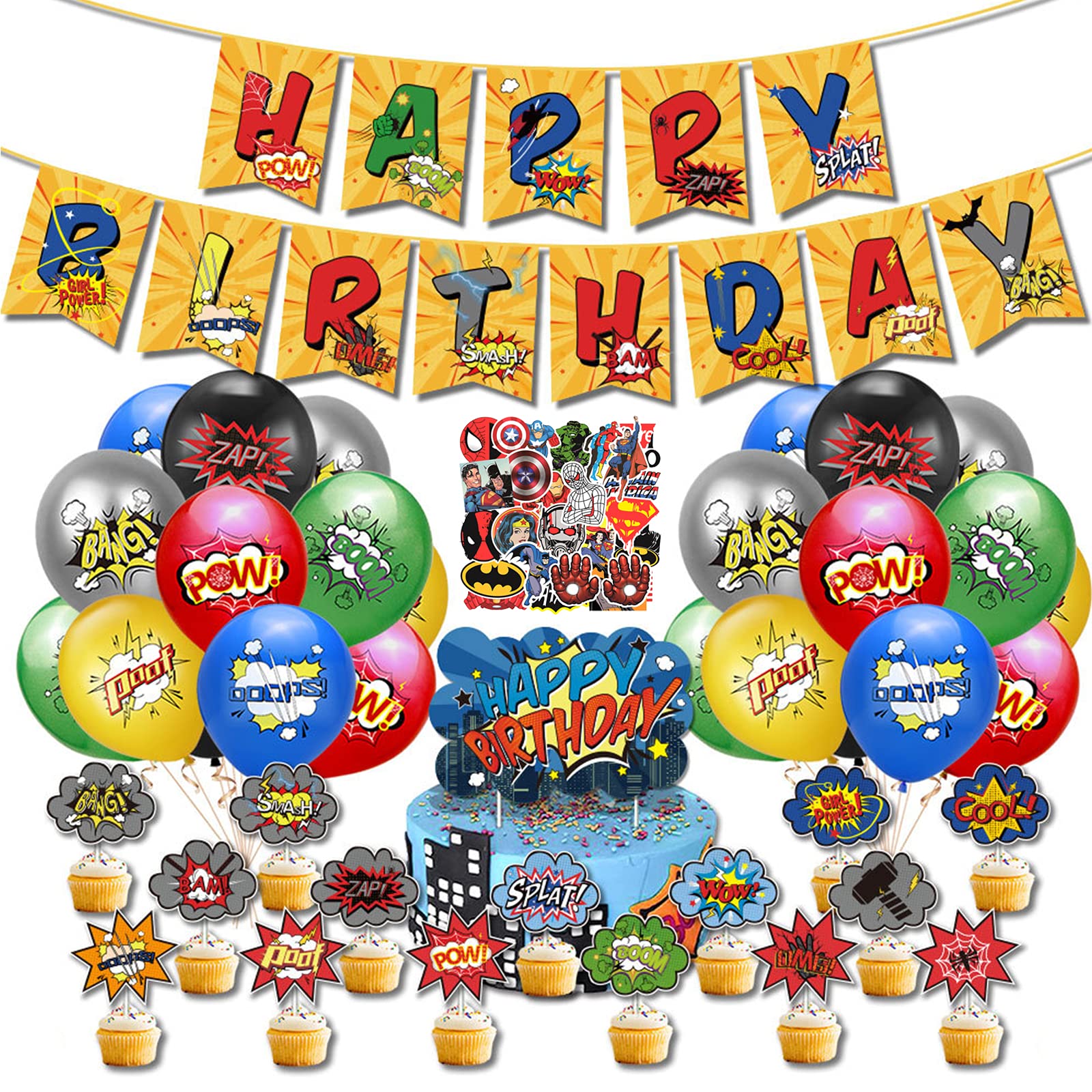 Avengers Superhero Birthday Party Decorations Kit - 91 Pcs Marvel Party Supplies Set with Banner, Balloons, Cupcake Toppers, Cake Decorations, Stickers & Ribbons - Perfect for Boys' Birthday Party Decorations | Superhero Theme Party Decor | Kids Birthday Celebration Supplies