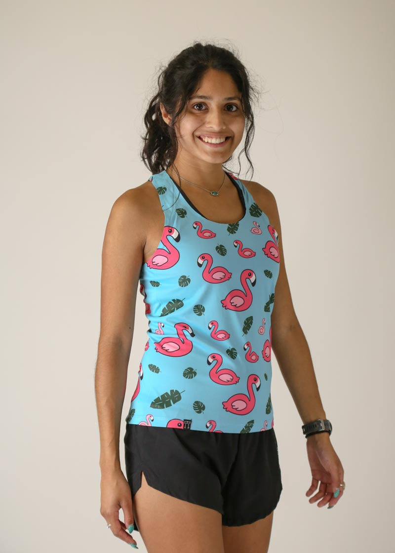 Women's Blue Flamingo Performance Singlet - Breathable Workout Tank Top for Running & Gym - Trendy Athletic Wear for Women's Fitness & Active Lifestyle