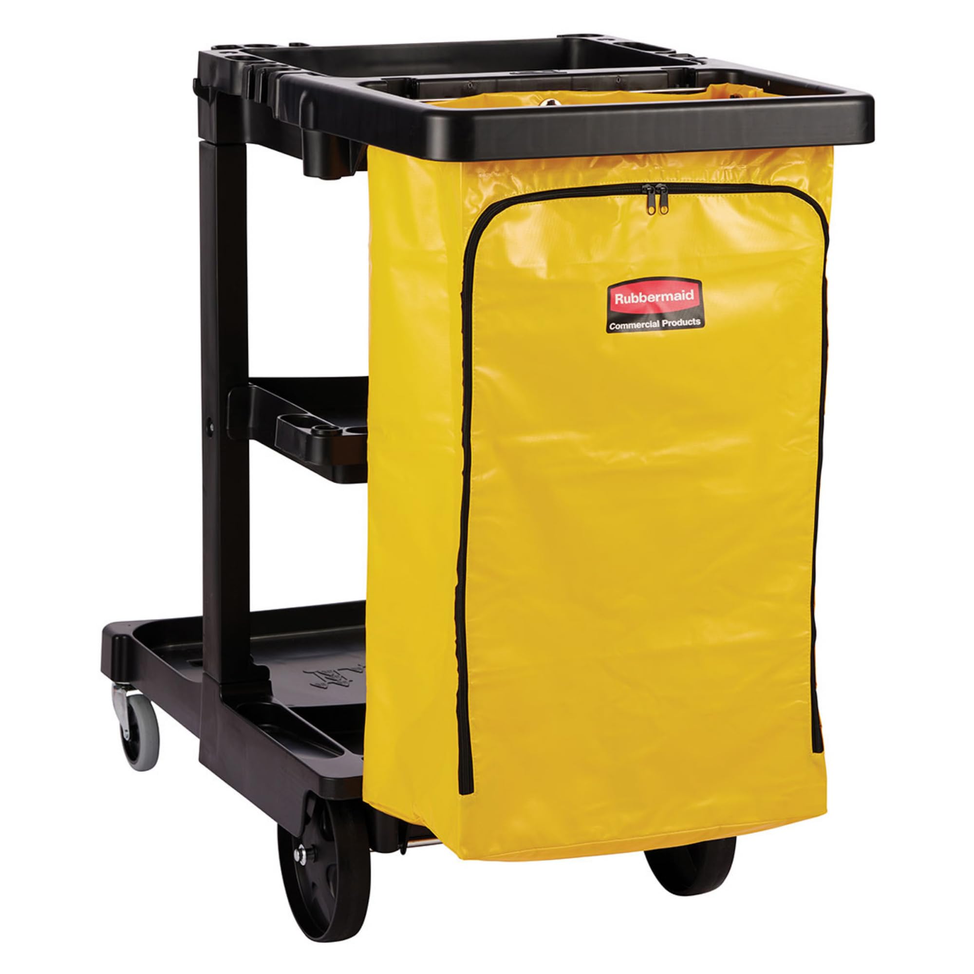 Rubbermaid Commercial 3-Shelf Cleaning Cart with Wheels & Zippered Yellow Vinyl Bag - Heavy Duty Janitorial Cart for Office, School, Business - Ideal for Mopping, Dusting & Organizing Cleaning Supplies