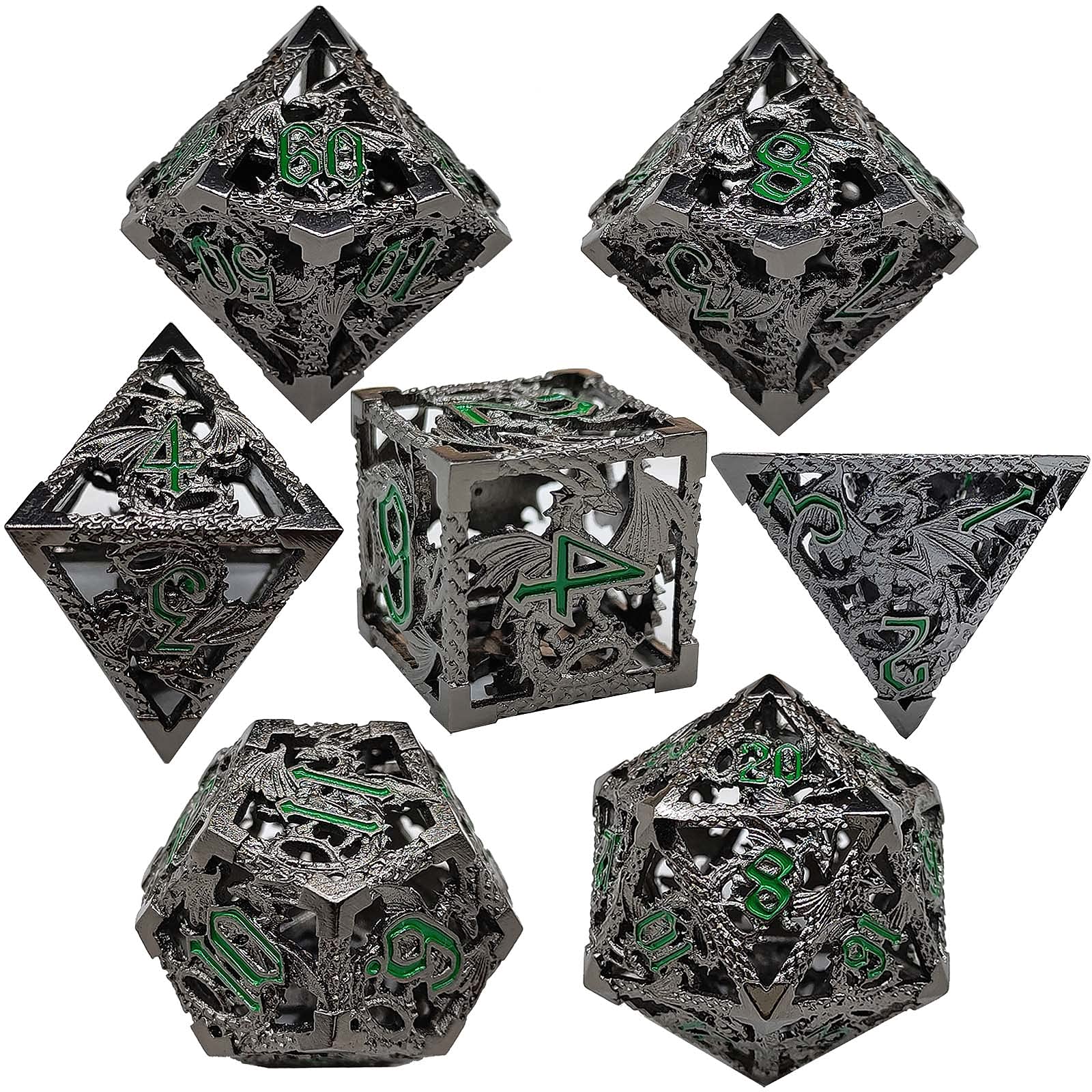Premium DND Metal Hollow Dice Set - 7pcs Black Nickel Green Polyhedral Dice for Dungeons & Dragons RPG (D4 D6 D8 D10 D10% D12 D20) with Elegant Metal Gift Box - Perfect for Tabletop Gaming, D&D Campaigns & Collector Displays