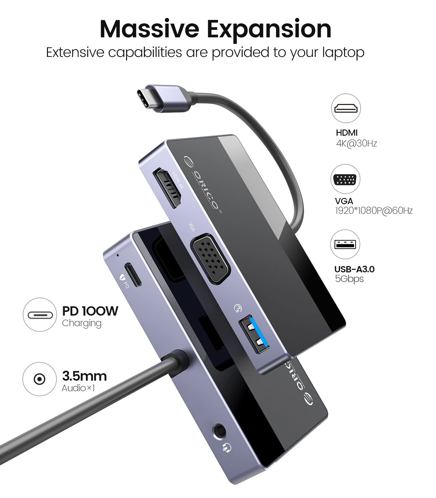 ORICO 5-in-1 USB-C Hub Multiport Adapter with 4K HDMI, VGA, 100W PD Charging, USB 3.0 & 3.5mm Audio - USB C Dock for MacBook Pro/Air, Dell, HP, Lenovo Laptops - Perfect for Home Office, Travel & Presentations