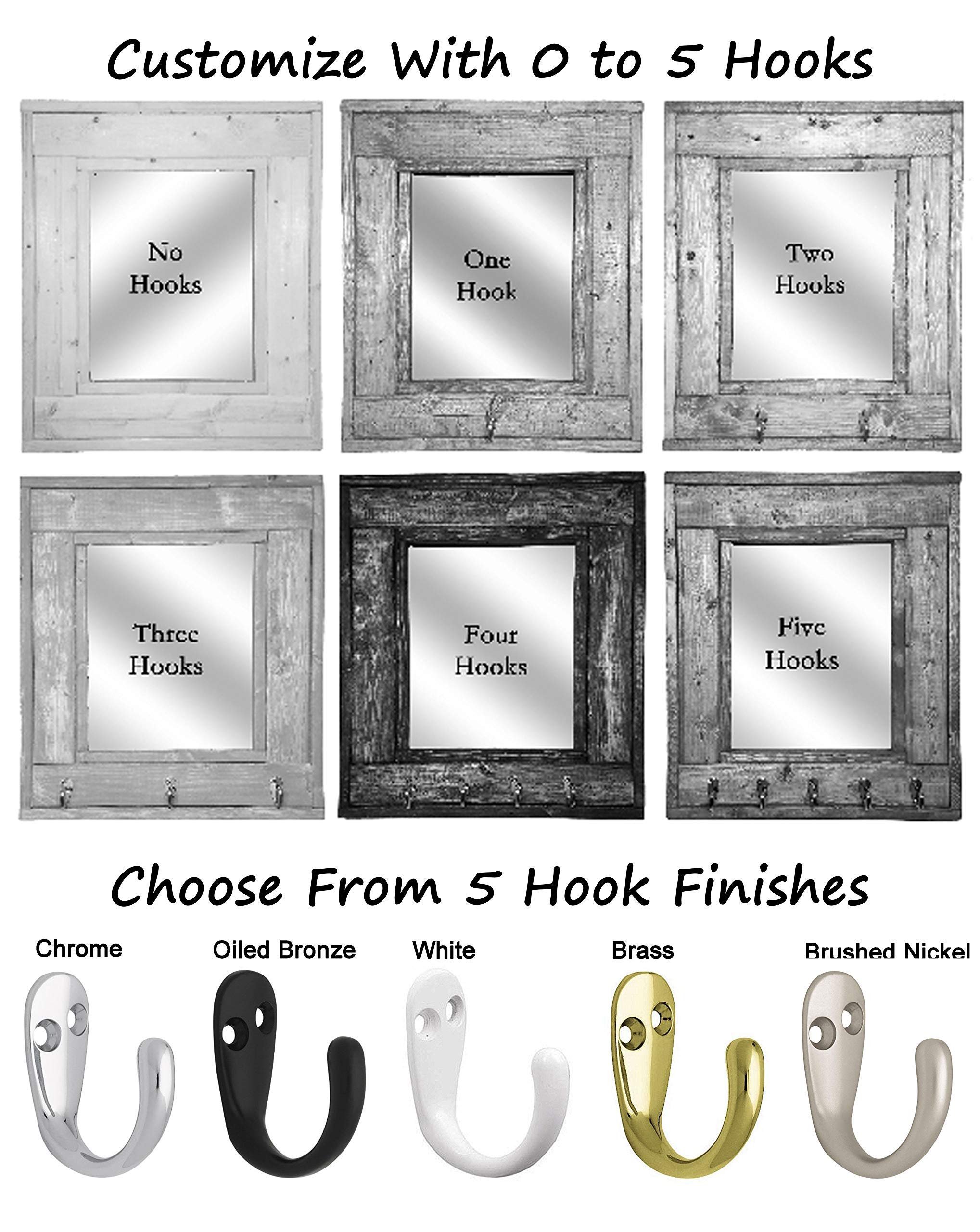 Millwood Wall Mirror with Rustic Hooks - Customizable Dark Walnut Entryway Mirror with 5 Coat Hooks - Farmhouse Decor for Hanging Keys, Hats & Jackets - Perfect for Hallway, Bedroom or Mudroom Organization