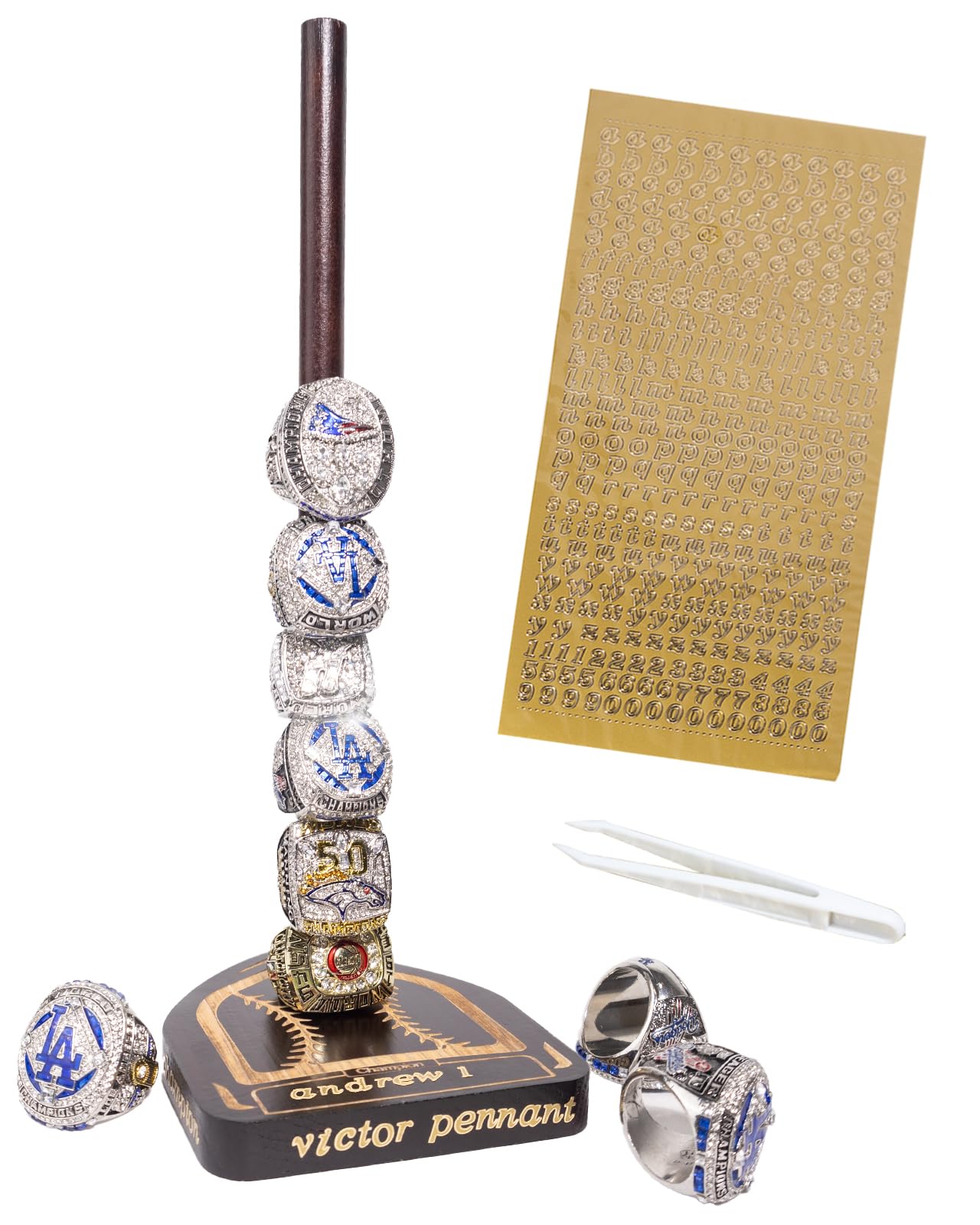 Championship Baseball Ring Display Holder - Wooden Softball & Sports Ring Organizer with Stickers & Tweezers - Holds 15 Rings - Perfect for Trophy Cases, Memorabilia Displays & Sports Awards Showcases