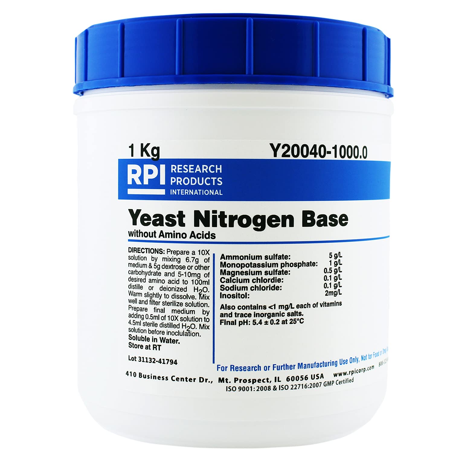 RPI Y20040-1000.0 Pure Yeast Extract Powder Without Amino Acids - 1kg Bulk Pack for Research, Brewing & Food Production