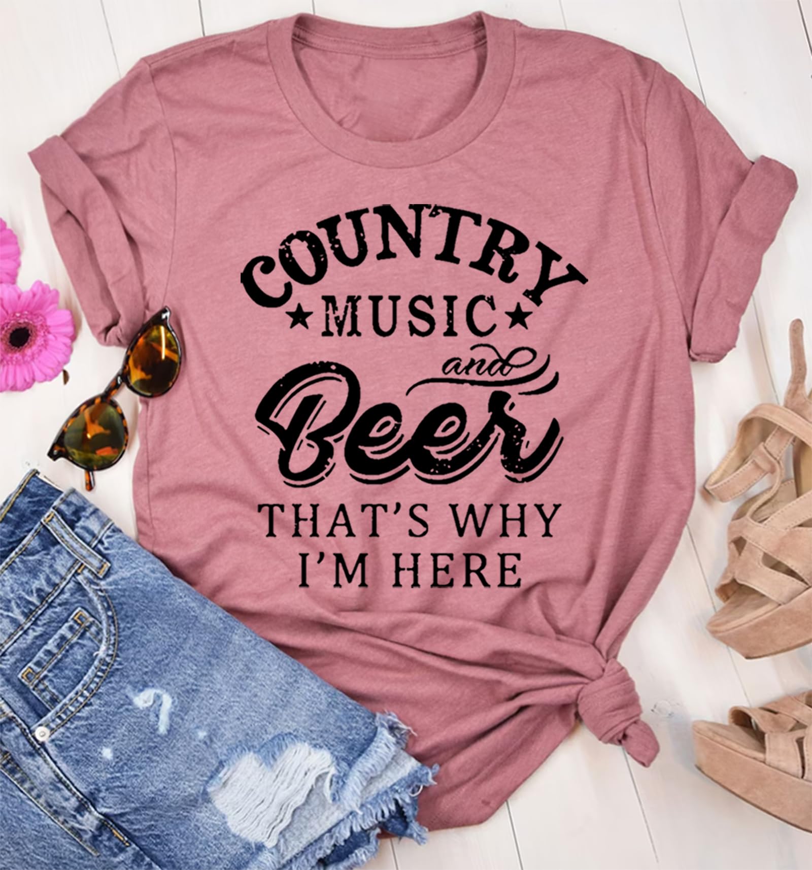 Funny Country Music and Beer Drinking T-Shirt for Women - Vintage Summer Vacation Tee - Perfect for Concerts, BBQs & Casual Outings