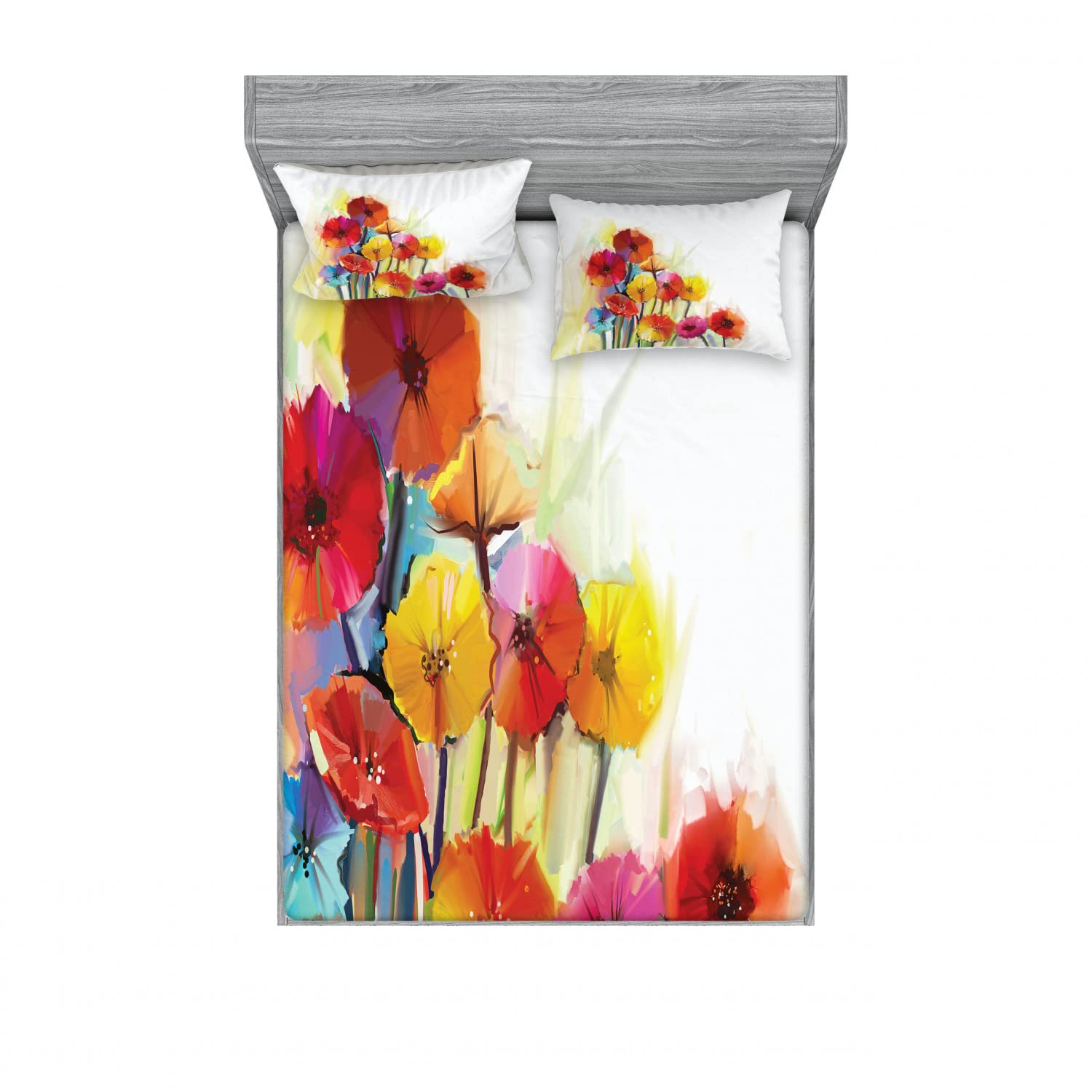 Ambesonne Floral 2-Piece Full Size Fitted Sheet Set with 4 Pillow Shams - Gerbera Flower Romance Design in Red & Yellow - Soft Bedding Decor for Master Bedroom, Guest Room & Dorm - Includes 2 Fitted Sheets & 4 Pillow Covers