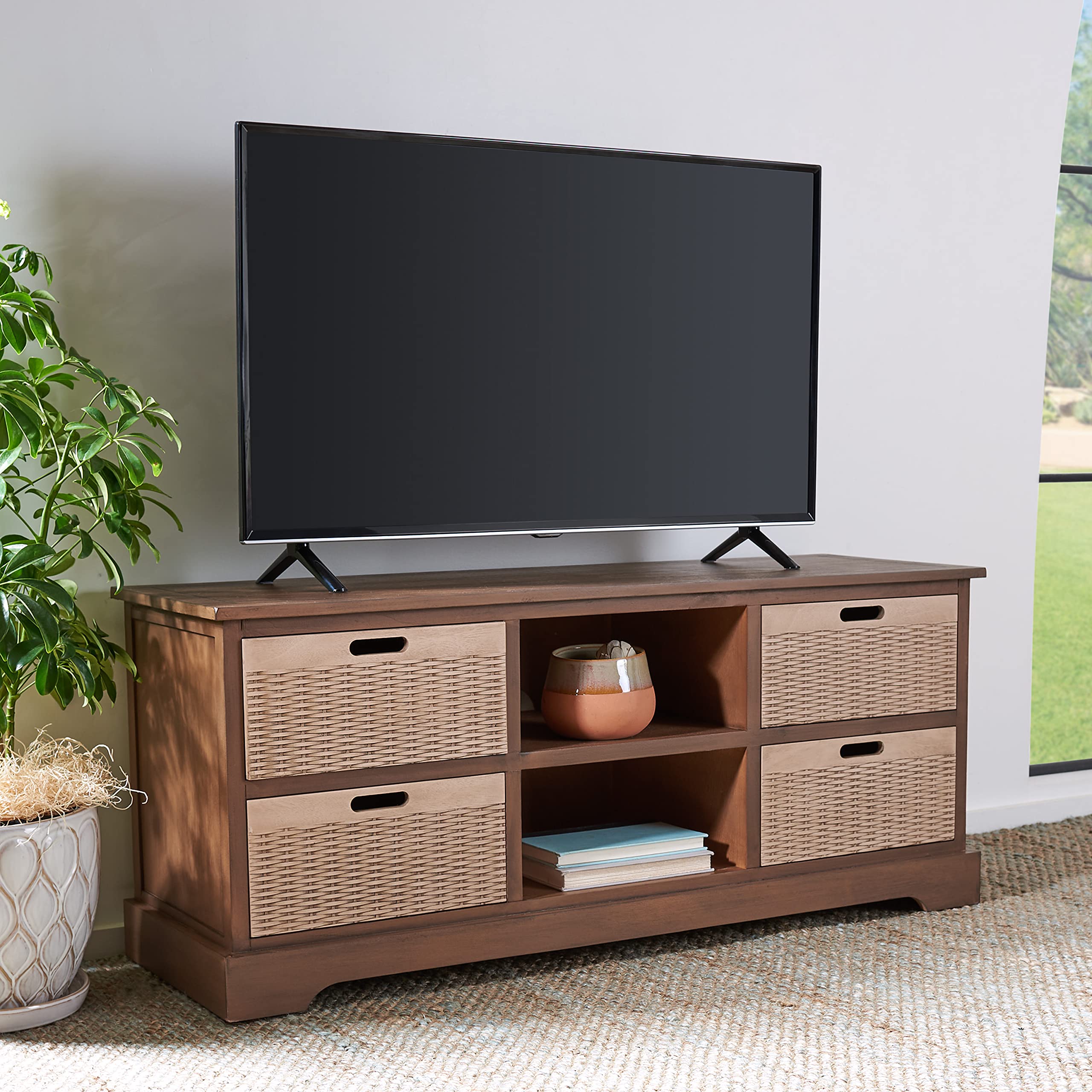 SAFAVIEH Landers Brown 4-Drawer TV Stand for 55-Inch Flat Screen - Modern Media Console with Storage for Living Room, Bedroom & Home Theater