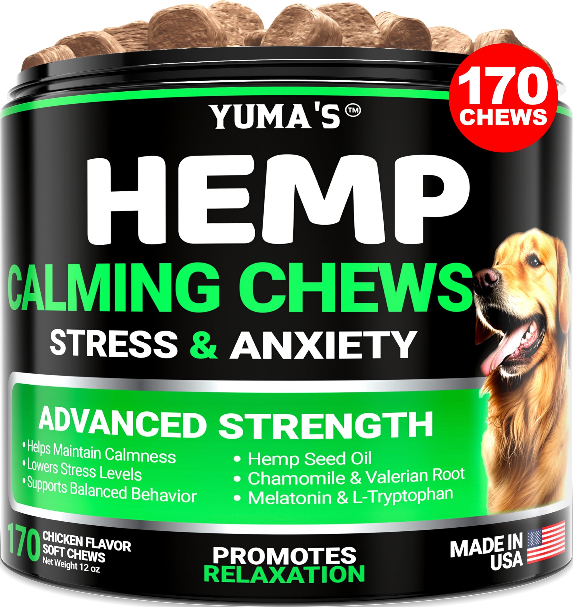 YUMA'S Hemp Calming Chews for Dogs - Natural Anxiety Relief Treats with Melatonin & Hemp Oil - 170 Count - Stress & Barking Control - Separation & Thunderstorm Aid - Made in USA - Perfect for Nervous Pets, Travel, Vet Visits & Fireworks
