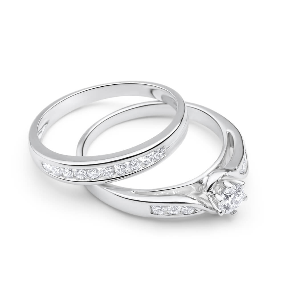 9ct White Gold 1/2 Carat Diamond Bridal Ring Set with 16 Diamonds - Elegant Wedding & Engagement Jewelry for Brides