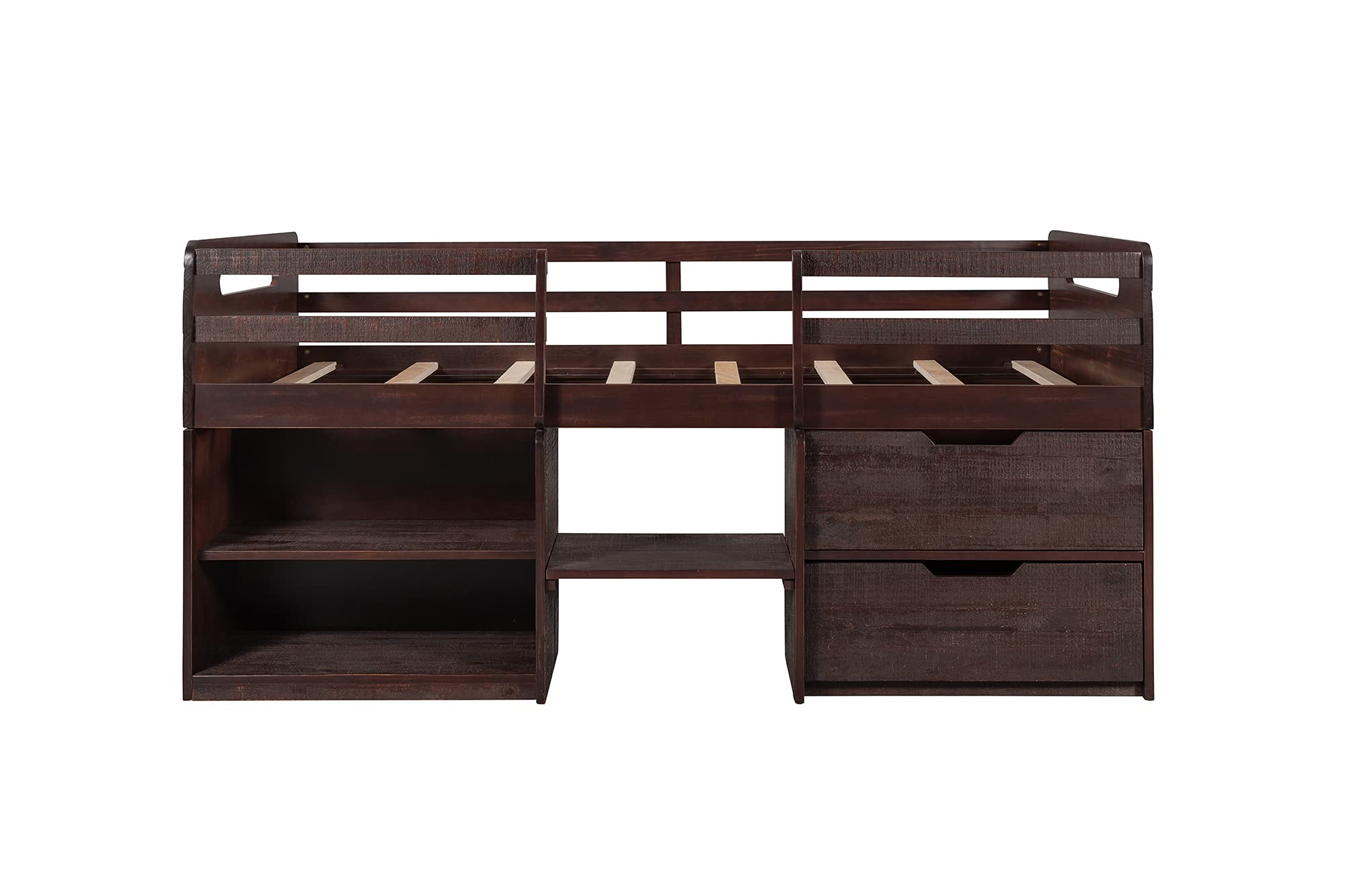 Twin Size Loft Bed with Two Shelves & Two Drawers in Antique Espresso Finish - Space-Saving Kids Bedroom Furniture for Small Rooms & Dorm Rooms