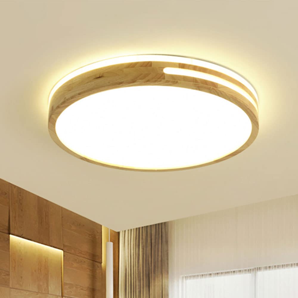 Modern Ultra Thin Wooden Round LED Ceiling Light - Flush Mount Indoor Lighting Fixture for Living Room, Bedroom, Kitchen - Log Color - Energy Efficient & Dimmable for Cozy Home Ambiance