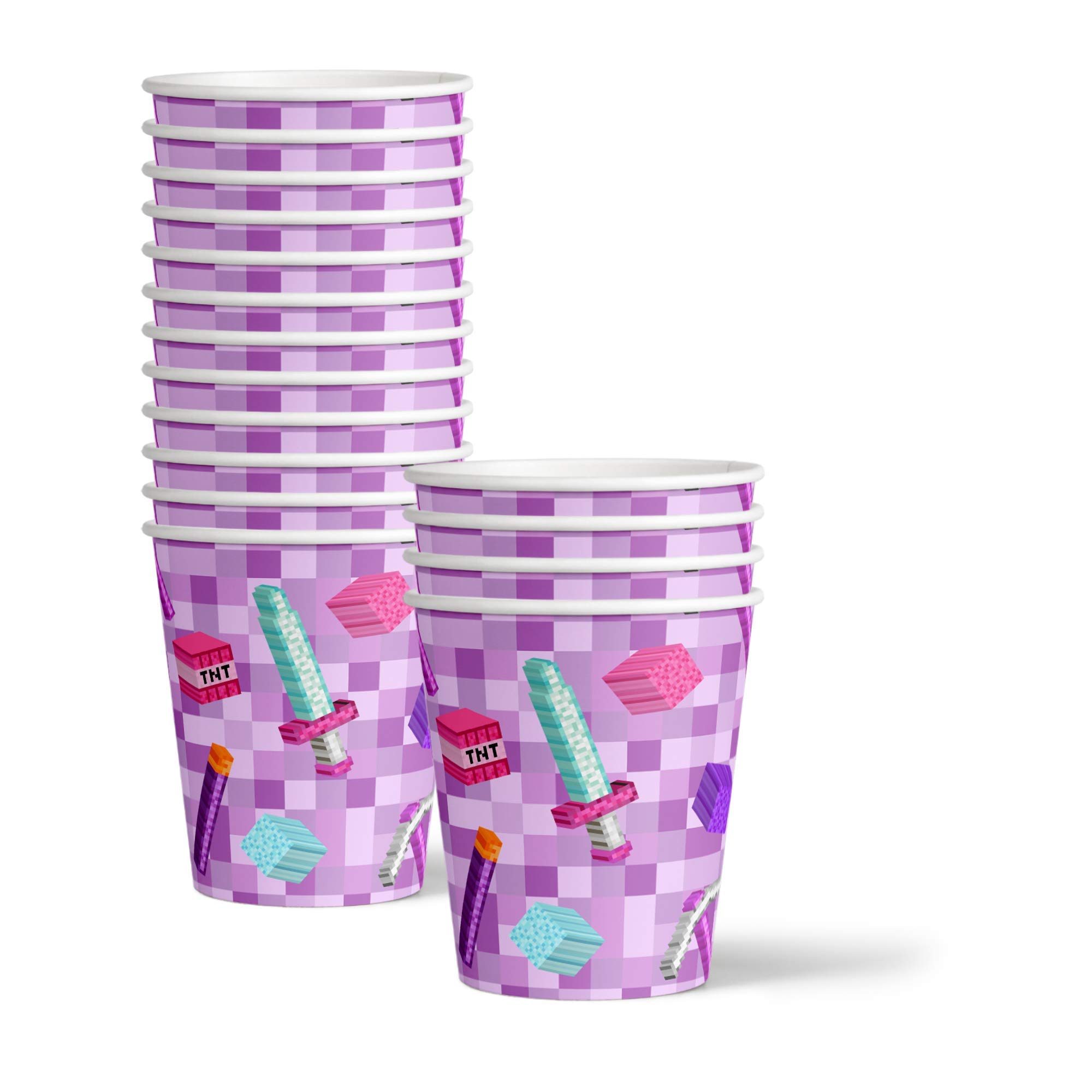 Girl's Pixel Mining Theme Birthday Party Supplies Set - 16-Piece Tableware Kit with Plates, Napkins & Cups - Perfect for Kids' Birthday Celebrations & Themed Parties