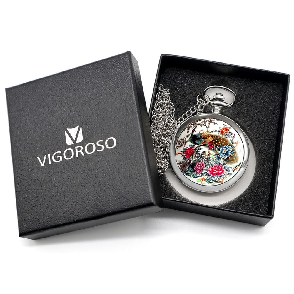 VIGOROSO Steampunk Silver Pocket Watch with Quartz Movement & Peony Bird Enamel Painting - Gift Box Included - Perfect for Vintage Collectors, Cosplay, and Unique Gifts