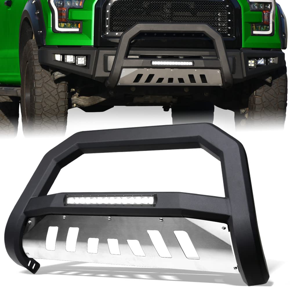 2004-2015 Nissan Titan & Armada Aluminum LED Bull Bar with Matte Black Finish & Brush Aluminum Skid Plate - Heavy Duty Off-Road Protection for Trucks & SUVs - Perfect for Night Driving, Off-Roading & Adventure Trips