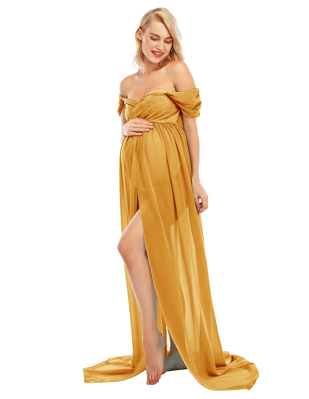Elegant Maternity Photoshoot Dress - Off Shoulder Chiffon Maxi Gown with Front Slit for Pregnancy Photography, Baby Shower & Maternity Portraits