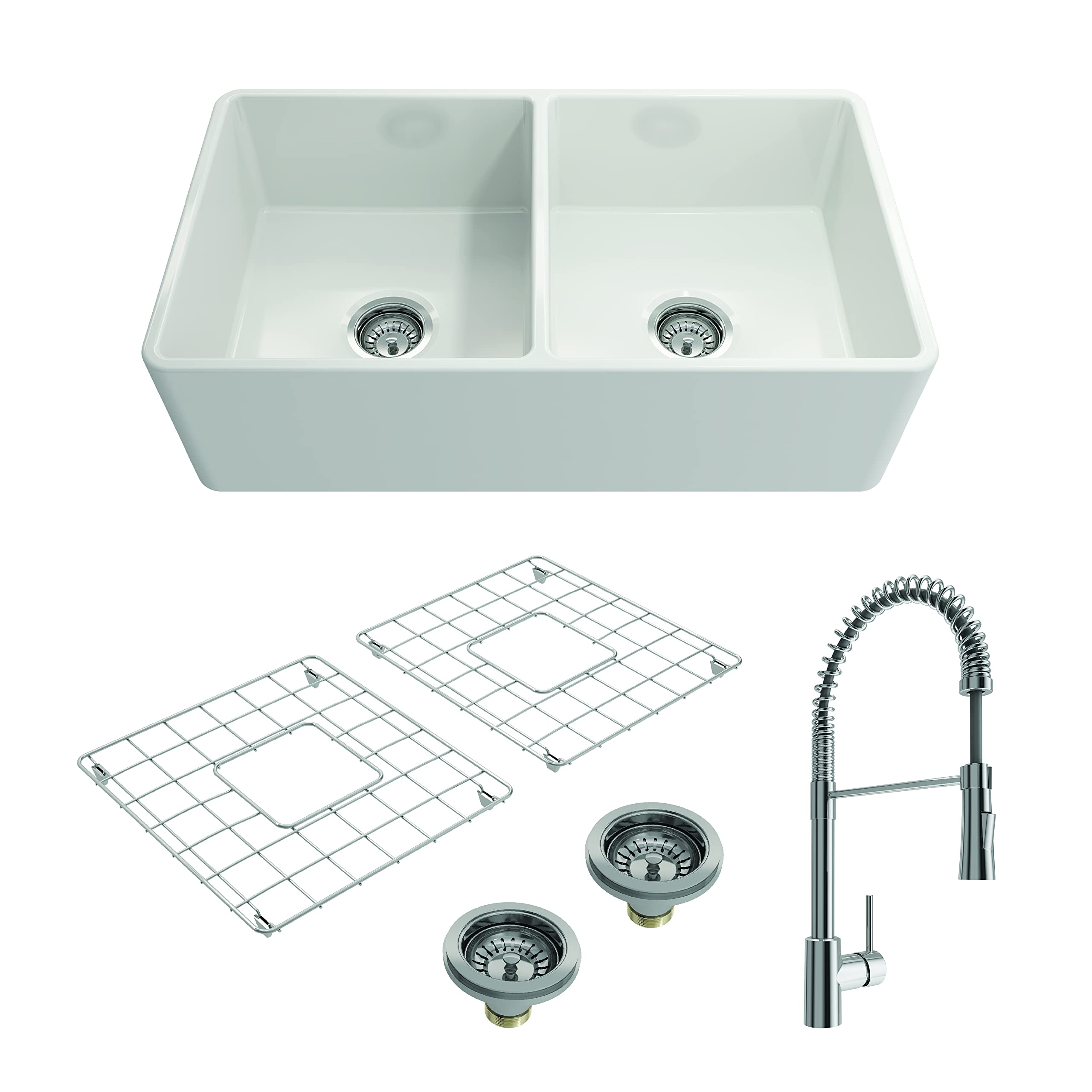 BOCCHI Classico White Apron Front Fireclay 33-inch Double Bowl Kitchen Sink with Protective Bottom Grid, Drain Strainers & Chrome Faucet - Perfect for Farmhouse Style Kitchens, Heavy-Duty Cooking & Dishwashing