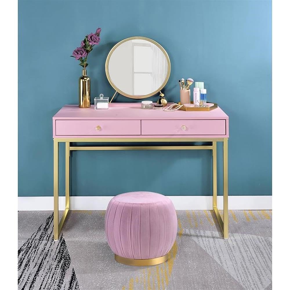Acme Coleen 2-Drawer Wooden Vanity Desk with Jewelry Tray - Pink & Gold Finish | Perfect for Bedroom Makeup Organization & Jewelry Storage