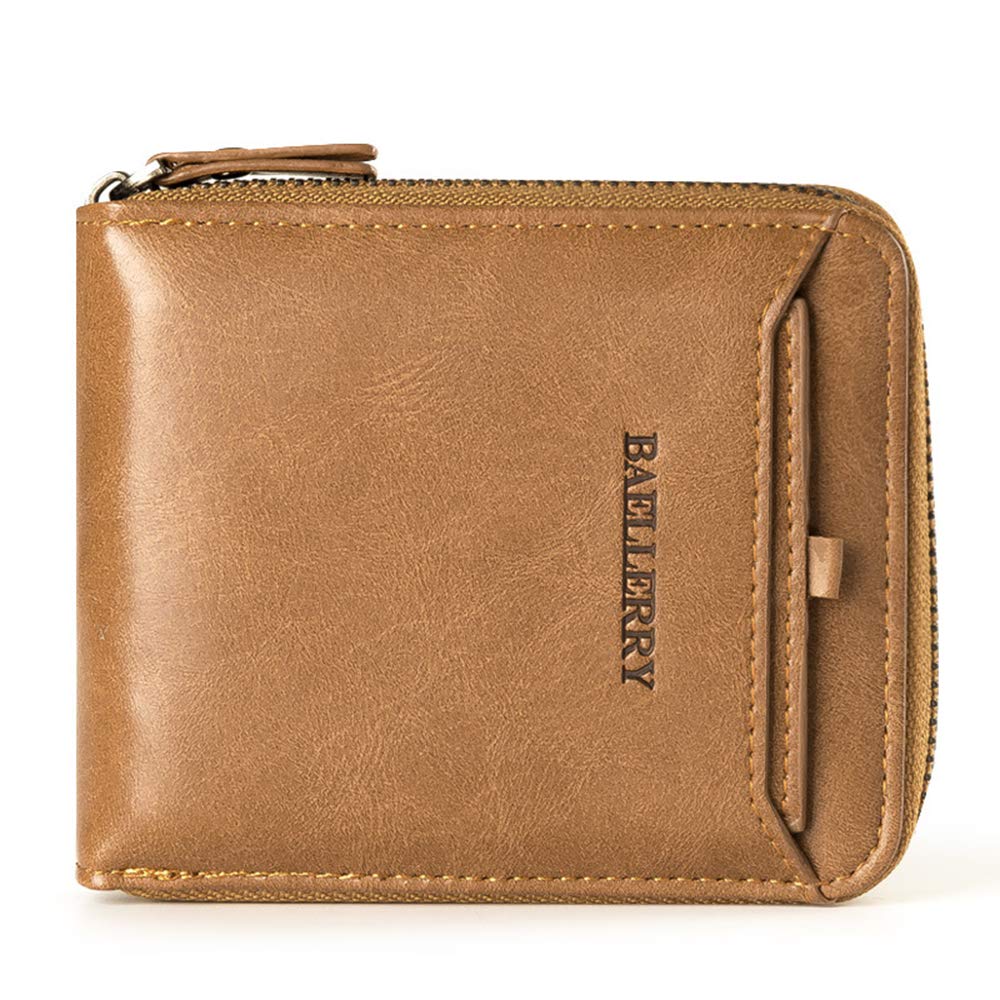 Baellerry Men's Short Bifold Wallet - Retro Zipper Leather Purse for Men with RFID Protection | Slim & Durable | Perfect for Everyday Use, Travel & Business (2 Styles)