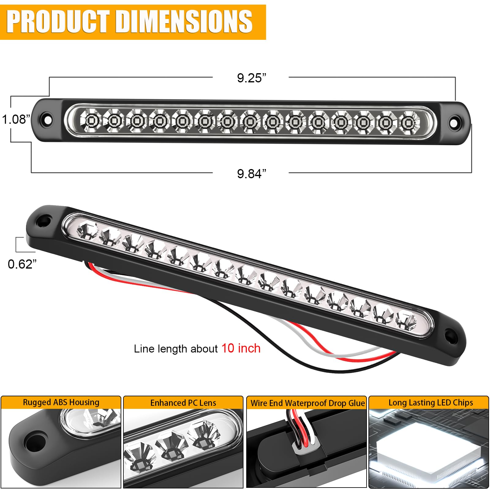 PSEQT 3.9'' White LED Rock Lights for Off-Road Trucks & Jeeps - 10Pcs Underglow Grille Fender Strip Lights + 2Pcs 10'' White Trailer Tail LED Lights - Perfect for Off-Roading, Car Shows & Night Driving