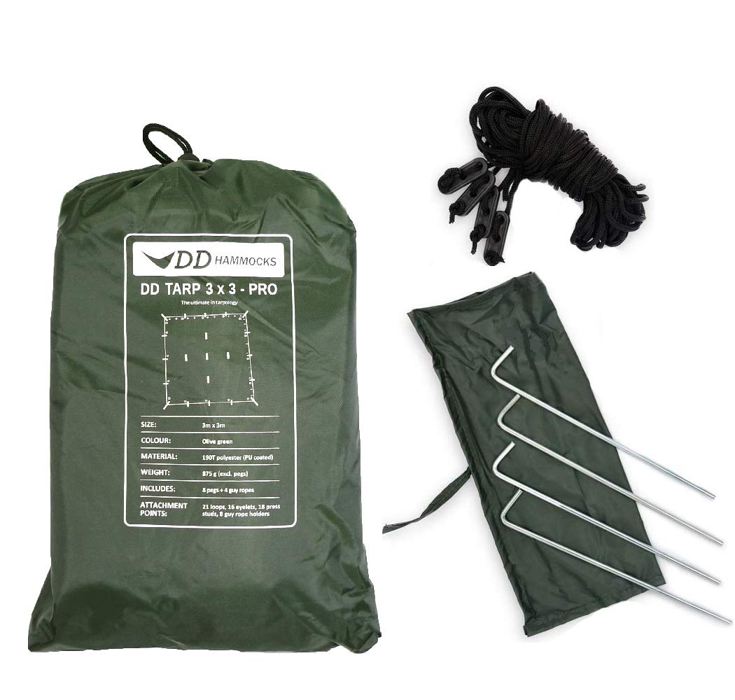 DD Tarp 3x3 PRO (10ft x 10ft) - 100% Waterproof Rainfly Shelter with Reinforced Eyelets & Buckles for Bushcraft, Camping, Hiking - Lightweight Compact Tarpaulin for Backpacking, Beach, Picnic and Outdoor Adventures